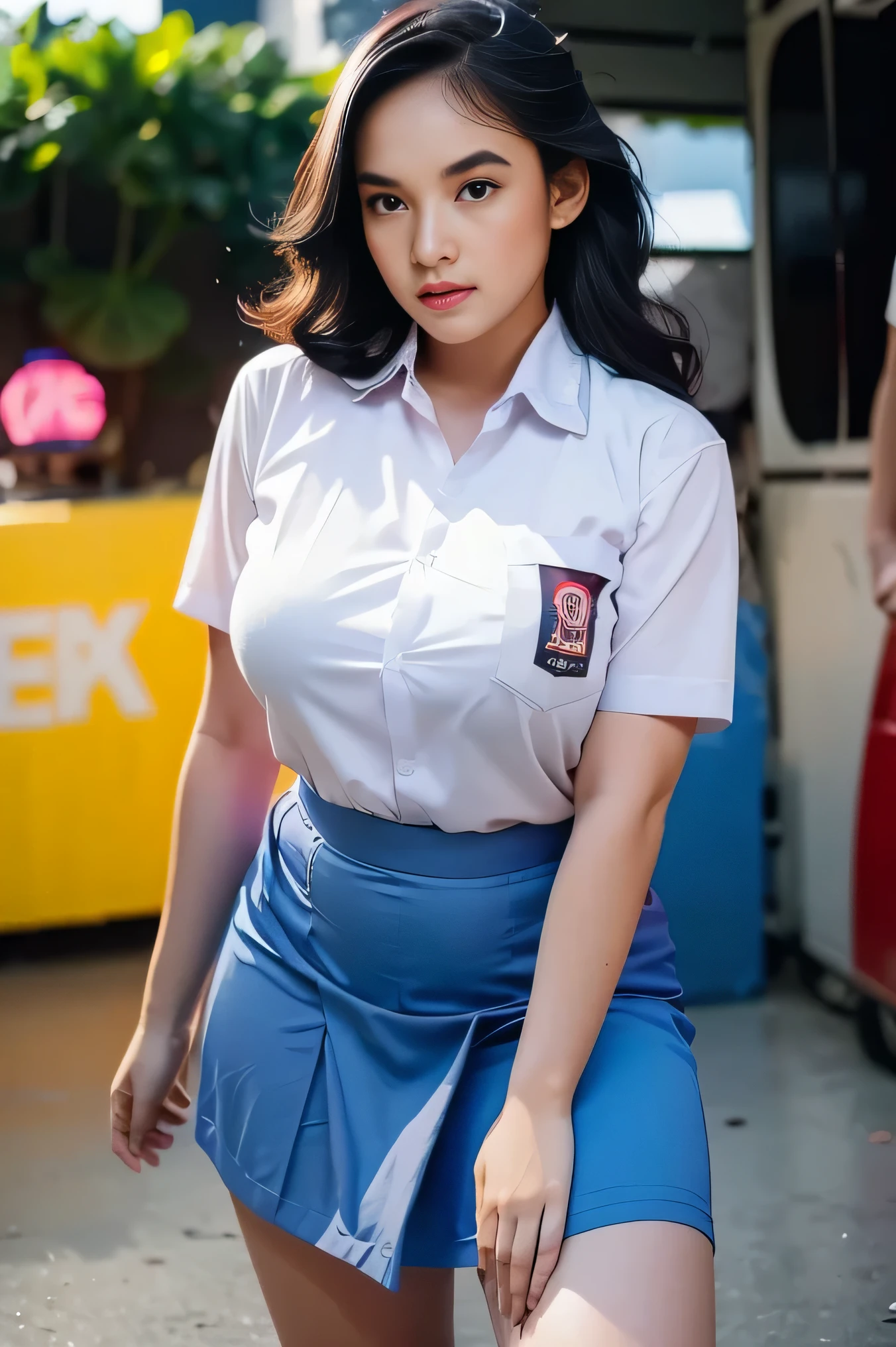 1girl, solo, 19 years old, (uniform), crawling on the beach , semi-thick , smooth realistic skin, angry face, white shirt, grey blue skirt, crawling towards viewer, photorealistic, 8K, ultra-detailed, hyper-realistic, physically-based rendering, chiaroscuro lighting, neon lights, vibrant colors, moody atmosphere, elegant aesthetic, glamour photography