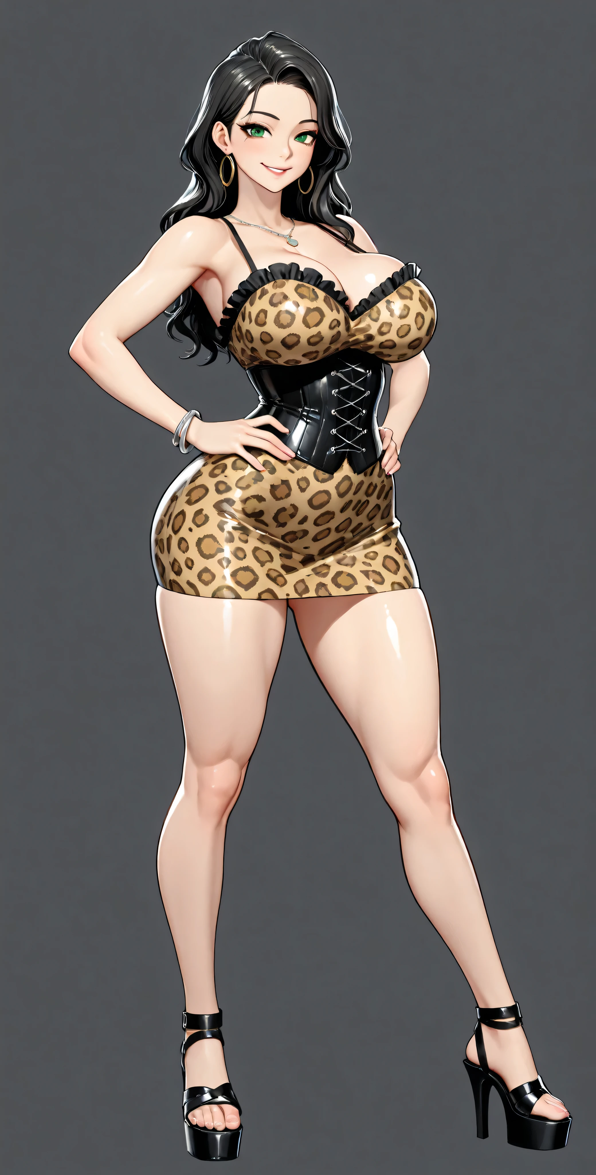 high definition, 4k, Of course. a very horny nymphomaniac milf babe, cha Hye Yeon. smile. (((Alone.))) (gray background). Leopard print corset:1.5. shiny metallic. sleeveless, sweetheart neckline, bare shoulders, clavicles. Leopard print latex frill miniskirt:1.5. very tight. very large and round breasts, wide hips, beautiful big round butt, silver bracelets , high heel black platform sandals, FULL BODY, smile (hyperdetailed face), black-haired, long and wavy, very well detailed green eyes. Sensual pose with hands on hips, sexy probocative look. Photo RAW. 16K. masterpiece. Higher quality. anatomía perfecta. manos perfectas. ((( 3DMM )))