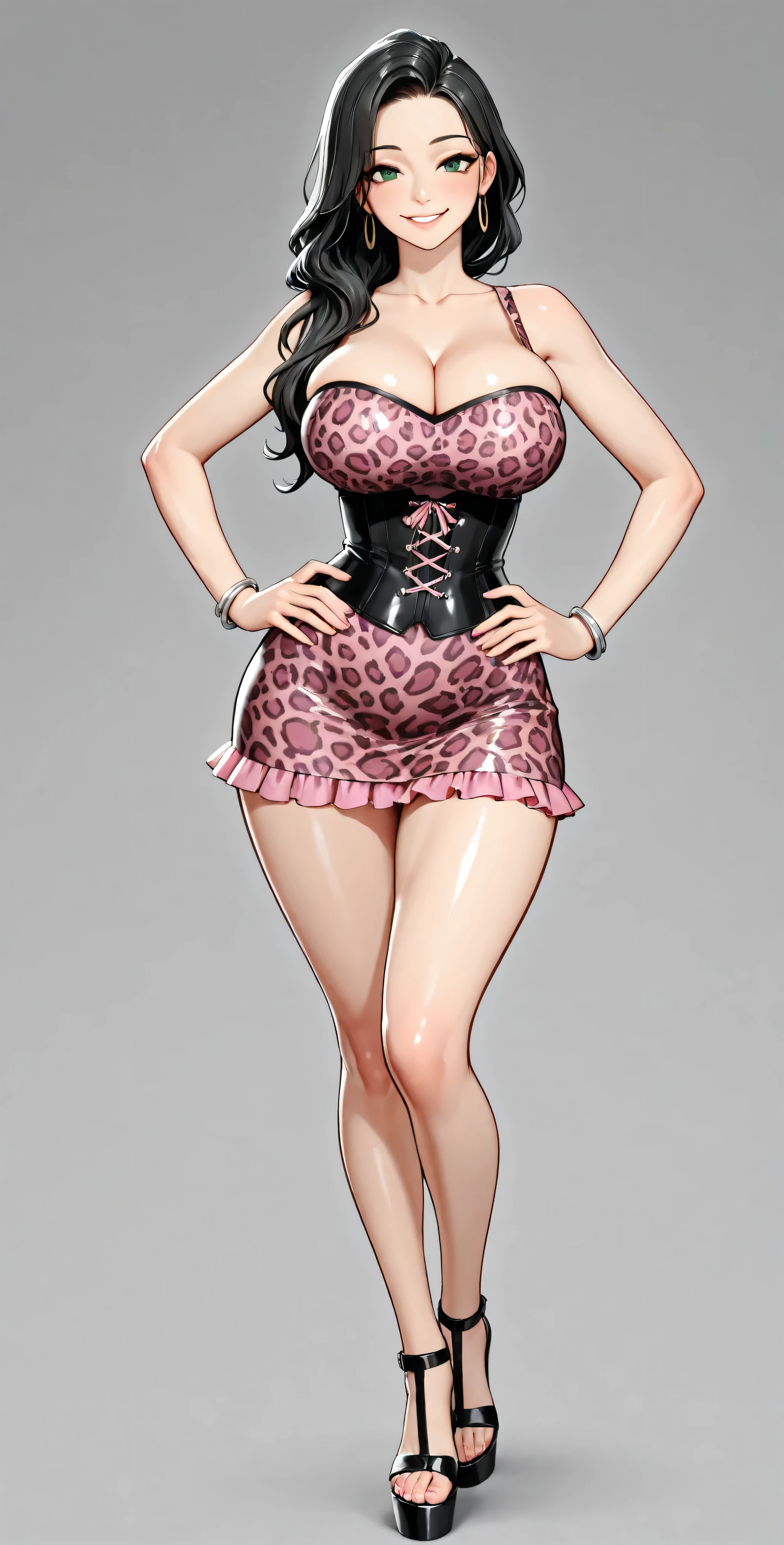high definition, 4k, Of course. a very nymphomaniac milf babe, cha Hye Yeon. smile. (((Alone.))) (gray background). Leopard print corset:1.5. shiny metallic. sleeveless, sweetheart neckline, shoulders, clavicles. Leopard print latex frill miniskirt:1.5. very tight. very large and round , wide , beautiful big round , silver bracelets , high heel black platform sandals, FULL BODY, smile (hyperdetailed face), black-haired, long and wavy, very well detailed green eyes. Sensual pose with hands on , probocative look. Photo RAW. 16K. masterpiece. Higher quality. anatomía perfecta. manos perfectas. ((( 3DMM )))