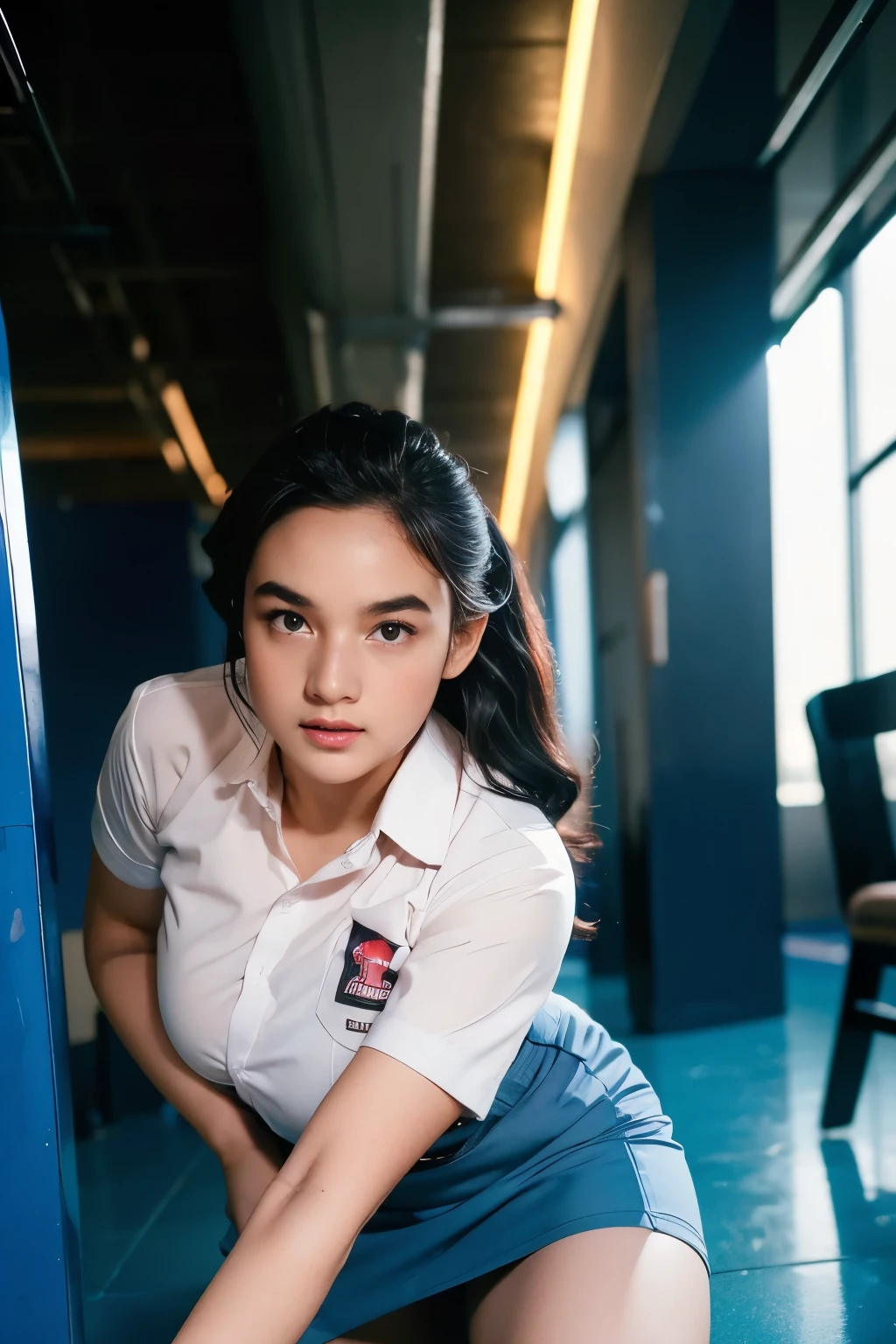 1girl, solo, 19 years old, (uniform), at the gym, crawling  towards viewer, semi-thick , smooth realistic skin, angry face, white shirt, grey blue skirt, crawling towards viewer, photorealistic, 8K, ultra-detailed, hyper-realistic, physically-based rendering, chiaroscuro lighting, neon lights, vibrant colors, moody atmosphere, elegant aesthetic, glamour photography