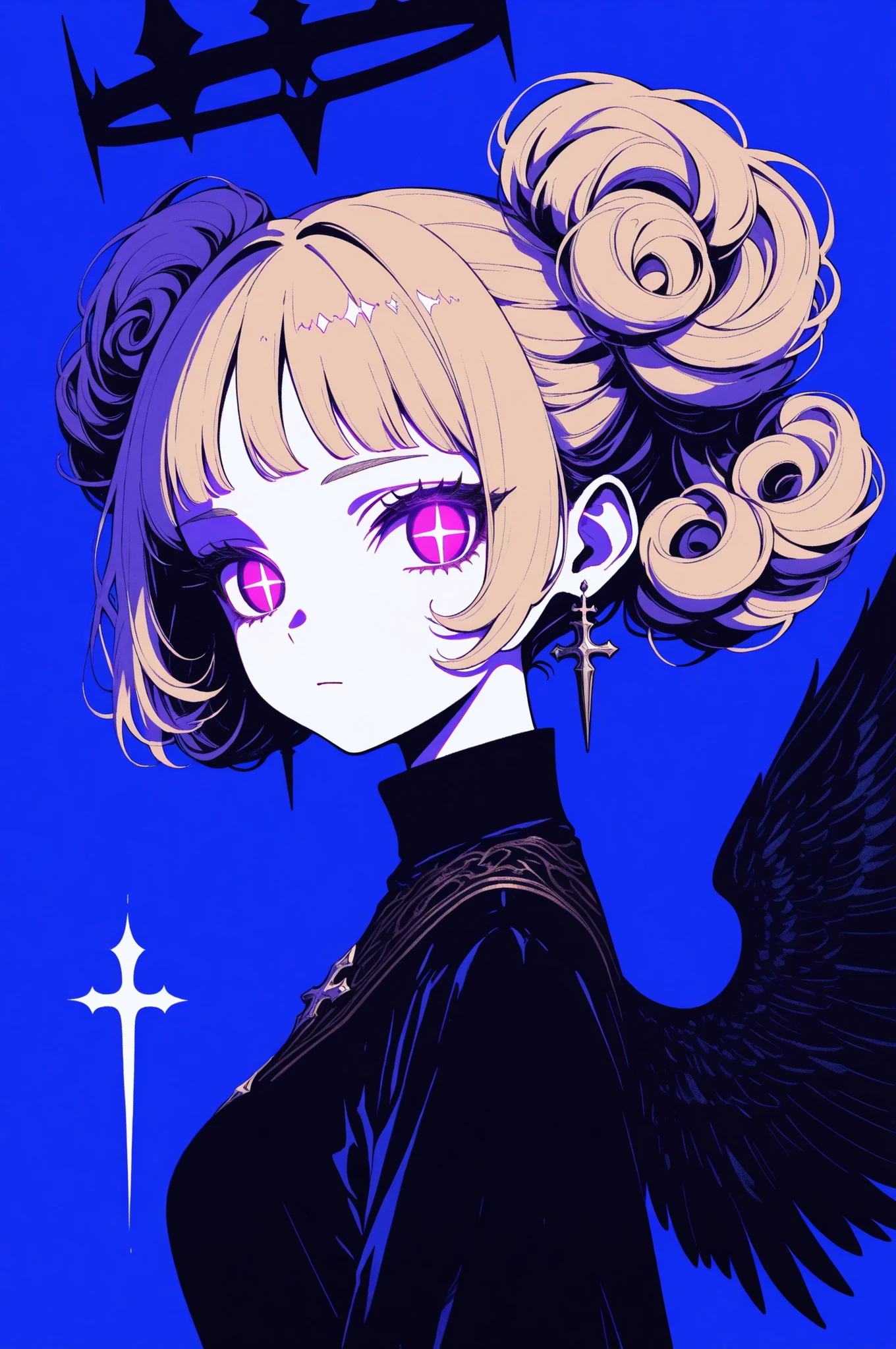 1girl, solo, dark fantasy, high contrast lighting, digital vector illustration, curly hairstyle, looking at viewer, bangs, light blonde hair, halo, diamond jewelry, doves, closed mouth,cross decor, upper body, wings, from side, neon white eyes, glowing, glowing eyes, blue background, Niji style, masterpiece, absurdres