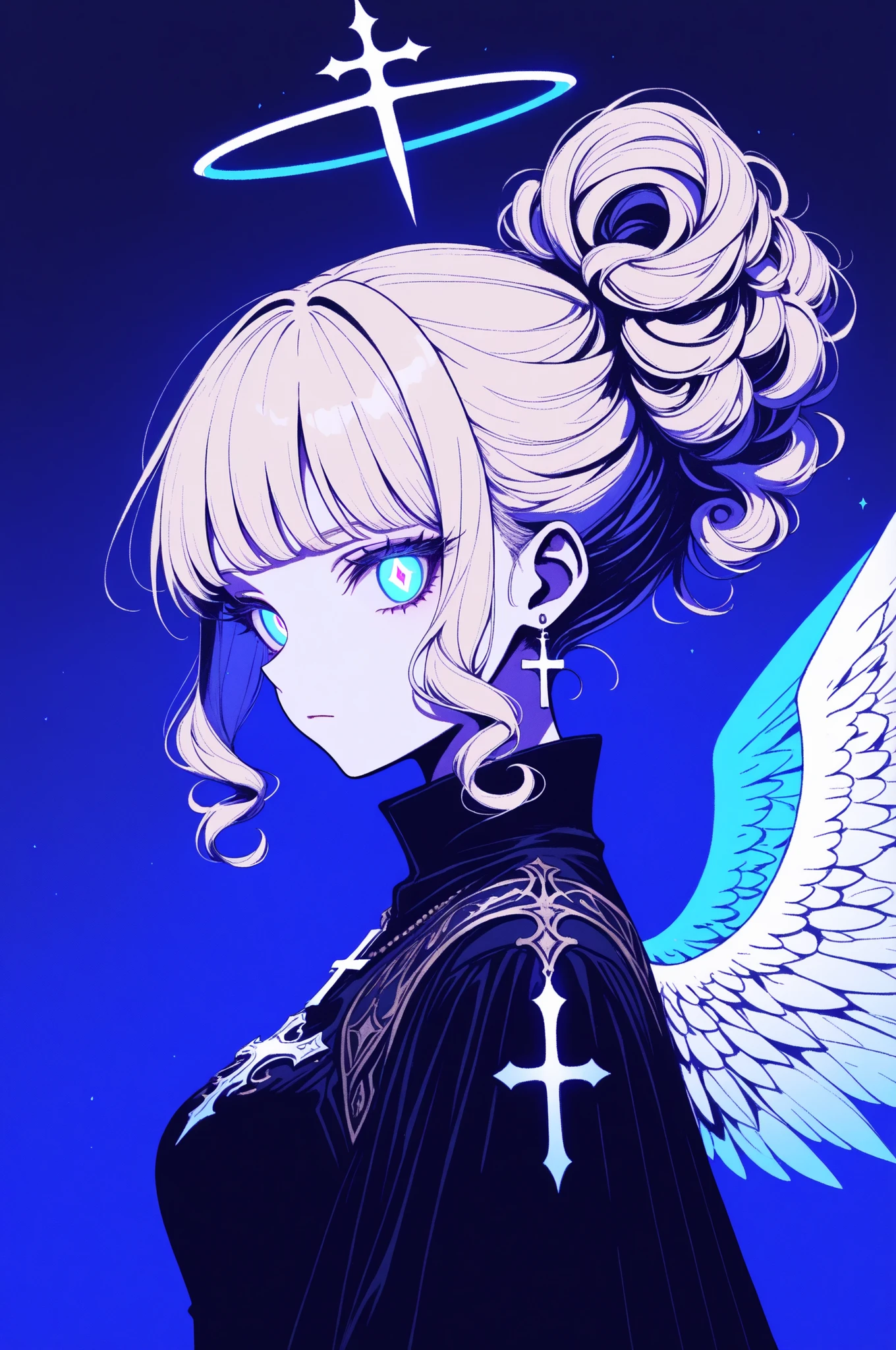 1girl, solo, dark fantasy, high contrast lighting, digital vector illustration, curly hairstyle, looking at viewer, bangs, light blonde hair, halo, diamond jewelry, doves, closed mouth,cross decor, upper body, wings, from side, neon white eyes, glowing, glowing eyes, blue background, Niji style, masterpiece, absurdres