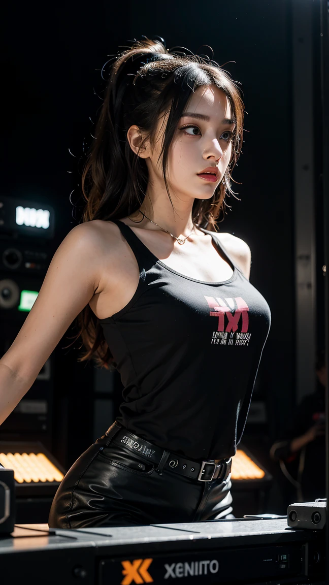 Beautiful woman wearing a dark Wearing swag style clothes mini dress with decorations on the shirt and visible shoulders and wearing boots and being photographed with a background And he was on top of a collapsed building ,Korean style swag, beautiful face so gorgeous, Beautiful eyes, y2k style, 