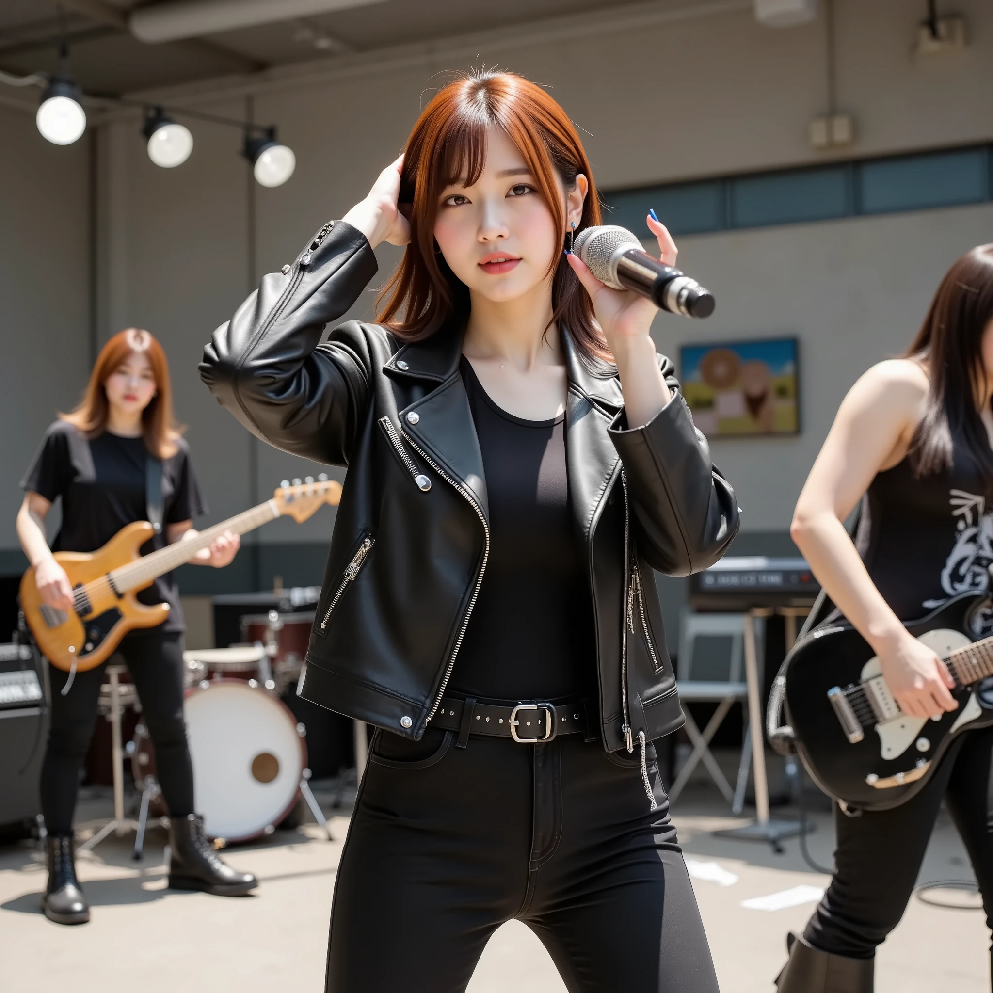 high-energy photorealistic images capturing intense rock band rehearsals. the focus is a woman the lead singer, Mid 30s, Of mixed race, pulling back the blazing red hair Of hair Female, her face warps with passionate cries, holding the microphone firmly. she wears a ripped black leather jacket over her band t-shirt, black skinny jeans , Combat Boots. Beside her, Male guitarist, Early 20s, asian, electric guitar capturing a sense of controlled chaos, with her neck bent backwards at a dramatic angle. Drummer, Mid 40s, African American, violently hitting the drum kit, sweat shines on my forehead. bassist, blonde woman in her late 20s, headbanging, the strings of the instrument vibrate violently. instruments are scattered throughout the rehearsal space - amp, keyboard, and scattered sheet music, 、and the background is a thin warehouse with peeling paint. The lighting is dim. , casting spotlights and stage lights on the elements of {x} It's a style that combines dramatic shadows. vibe is raw 々full of energy, broom, A rebellious attitude. This style is、grunge and modern rock, beating wildly.