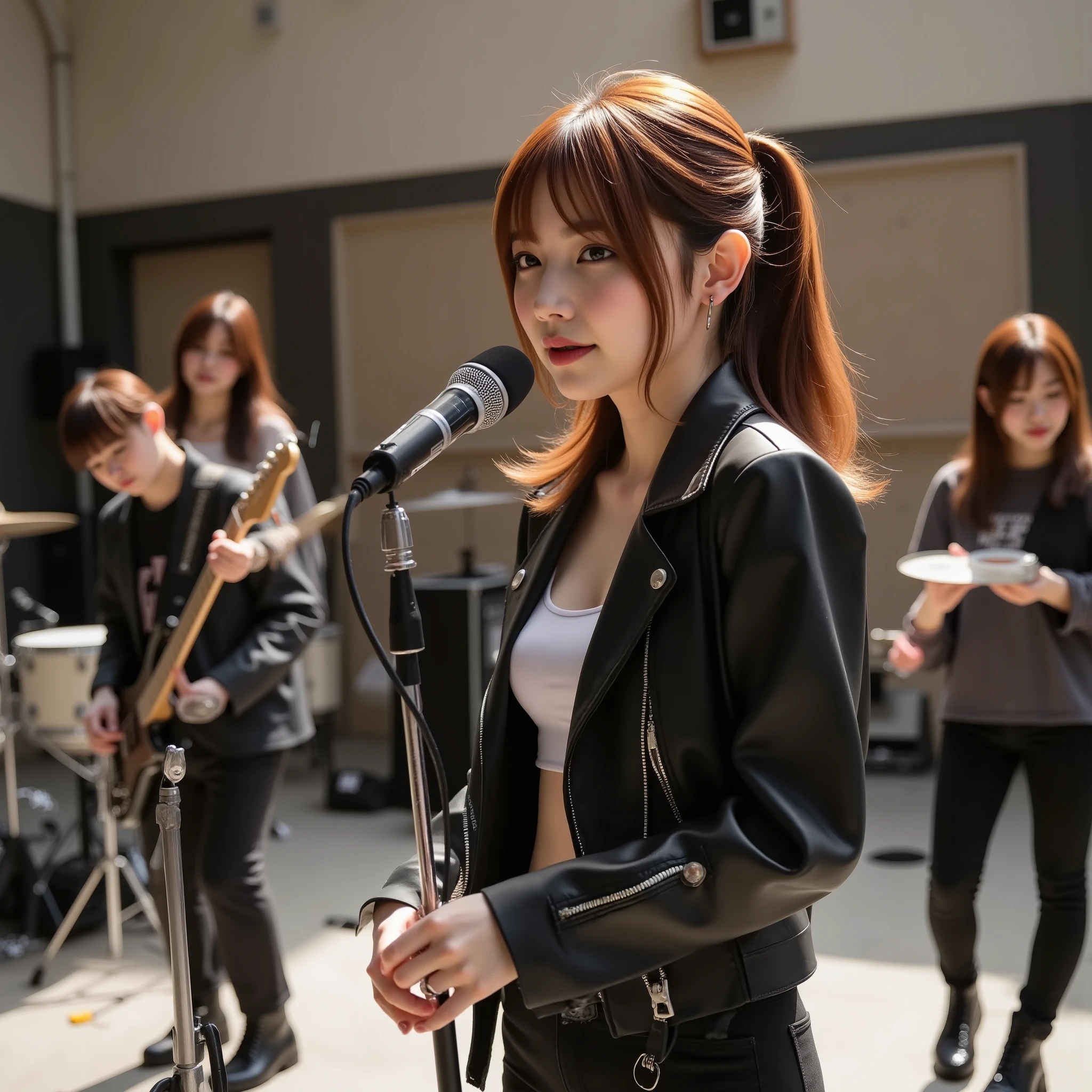 high-energy photorealistic images capturing intense rock band rehearsals. the focus is a woman the lead singer, Mid 30s, Of mixed race, pulling back the blazing red hair Of hair Female, her face warps with passionate cries, holding the microphone firmly. she wears a ripped black leather jacket over her band t-shirt, black skinny jeans , Combat Boots. Beside her, Male guitarist, Early 20s, asian, electric guitar capturing a sense of controlled chaos, with her neck bent backwards at a dramatic angle. Drummer, Mid 40s, African American, violently hitting the drum kit, sweat shines on my forehead. bassist, blonde woman in her late 20s, headbanging, the strings of the instrument vibrate violently. instruments are scattered throughout the rehearsal space - amp, keyboard, and scattered sheet music, 、and the background is a thin warehouse with peeling paint. The lighting is dim. , casting spotlights and stage lights on the elements of {x} It's a style that combines dramatic shadows. vibe is raw 々full of energy, broom, A rebellious attitude. This style is、grunge and modern rock, beating wildly.