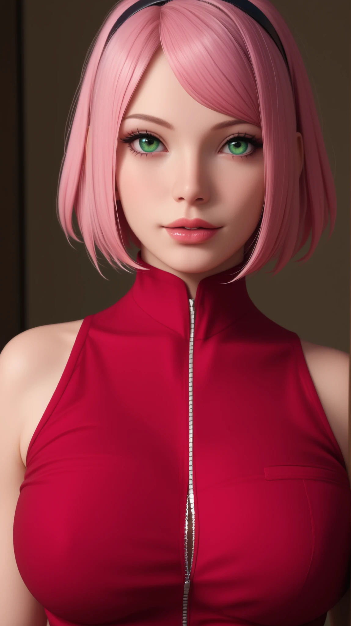 a photo Hyper-Realistic Ultra HD, The image showcases an incredibly realistic 4K photorealistic resolution, highlighting her captivating presence and a mesmerizing physique. leaving you entranced by the seamless fusion of artistry and supreme realism. looking straight into the frame, looking at viewer,sharp focus; frame, sharp focus ;eerily realistic, visual realism (Every imperfection and detail of her skin is captured -+ details Ultra hd. a professional movie photograph of, best quality, high quality, facing forward,  Beautiful little red lips, 
Define each part of her body imperfections.
The image showcases an incredibly realistic 4K photorealistic resolution, highlighting (makeup, mascara:1.1), lips,(thick\lips\), (shiny glossy translucent clothing:1.1), 1 girl sakura haruno, short hair, (green eyes:0.8), pink hair, (parted bangs:1.5), hairband, forehead protector,shirt, (red shirt:1.5), short sleeves, vest, unzipped , huge breast, (upper body:1.2), Spinning with dress flared out, (busty:1.1) , (chubby:0.1),(beautifully lit:1.2), dark theme blank background