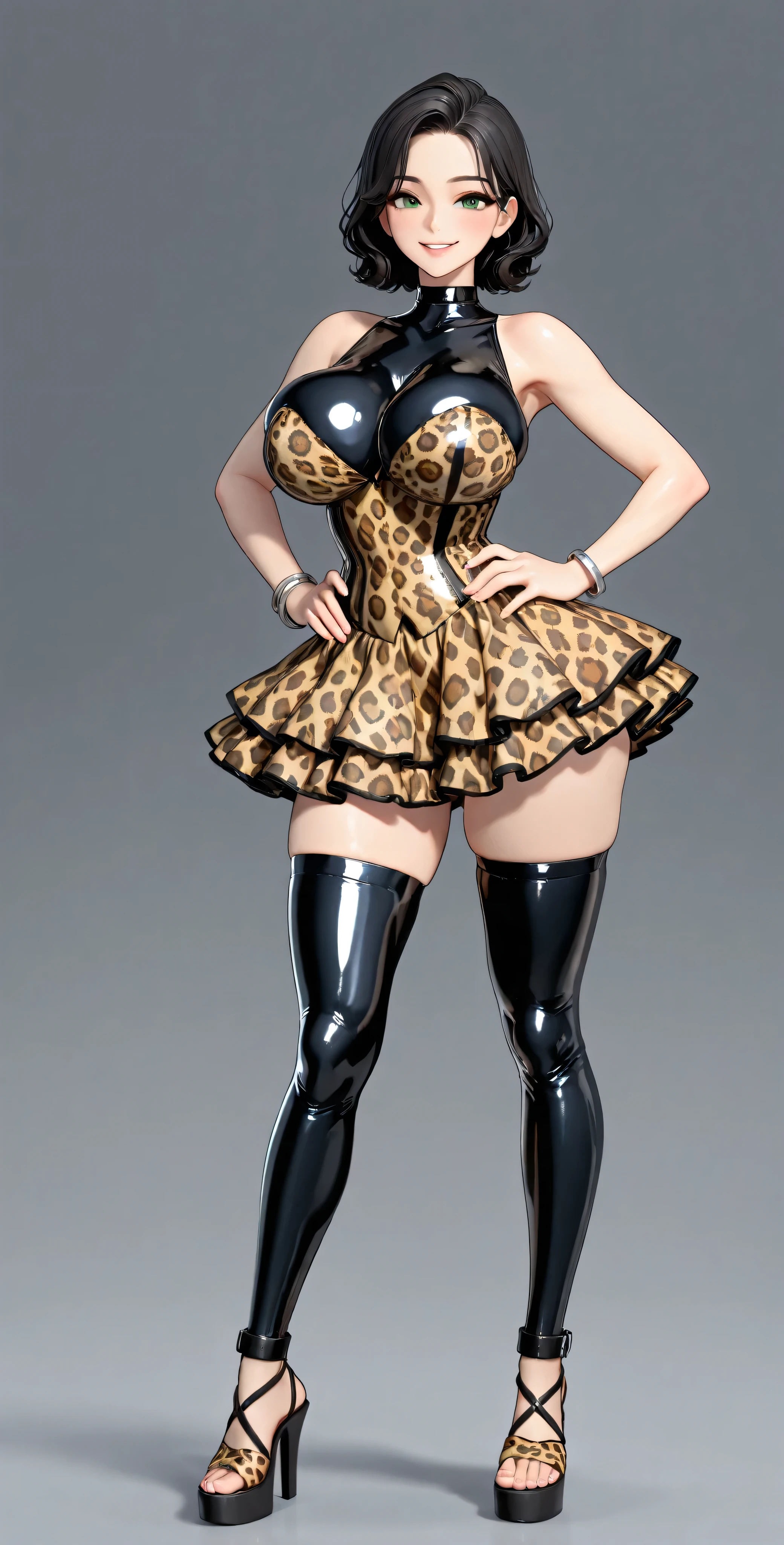 high definition, 4k, Of course. a nymphomaniac and very MILF babe, cha Hye Yeon. smile. (((Alone.))) (gray background). Leopard print corset:1.5. shiny metallic. sleeveless, sweetheart neckline, shoulders, clavicles. (((Ruffle skirt))) (((in leopard print latex:1.5))). very tight. very large and round , wide , beautiful big round , silver bracelets , high heel black platform sandals, FULL BODY, smile (hyperdetailed face), black-haired, long and wavy, very well detailed green eyes. Sensual pose with hands on , probocative look. Photo RAW. 16K. masterpiece. Higher quality. anatomía perfecta. manos perfectas. ((( 3DMM )))
