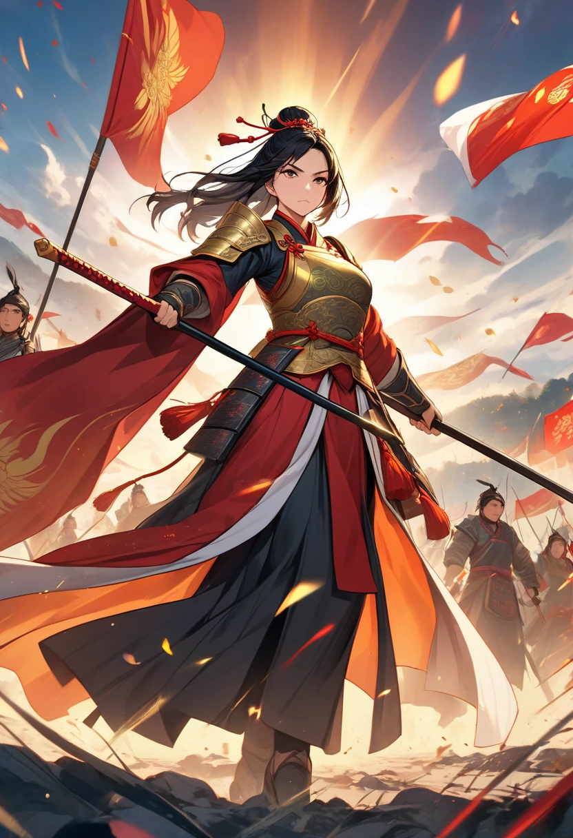 Qiong Xiong suggests giving up peace talks and retreating to claim the exclusive spirit spring, but Yuan Jie refuses this proposal. They argue fiercely on the battlefield, with serious expressions and determined eyes, a war-torn battlefield and flowing blood in the background, , 32k, best quality, masterpiece, super detail, high details,