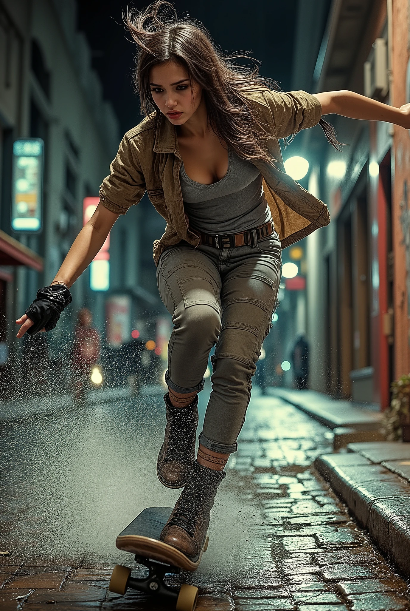 realistic photo, a daring female skateboarder in motion, performing an ollie on a wet, graffiti-covered cobblestone street at night. Low angle shot, motion blur, neon lights, gritty urban atmosphere, determined expression, worn-out clothes, flying hair, water splashes, cinematic lighting, 35mm lens