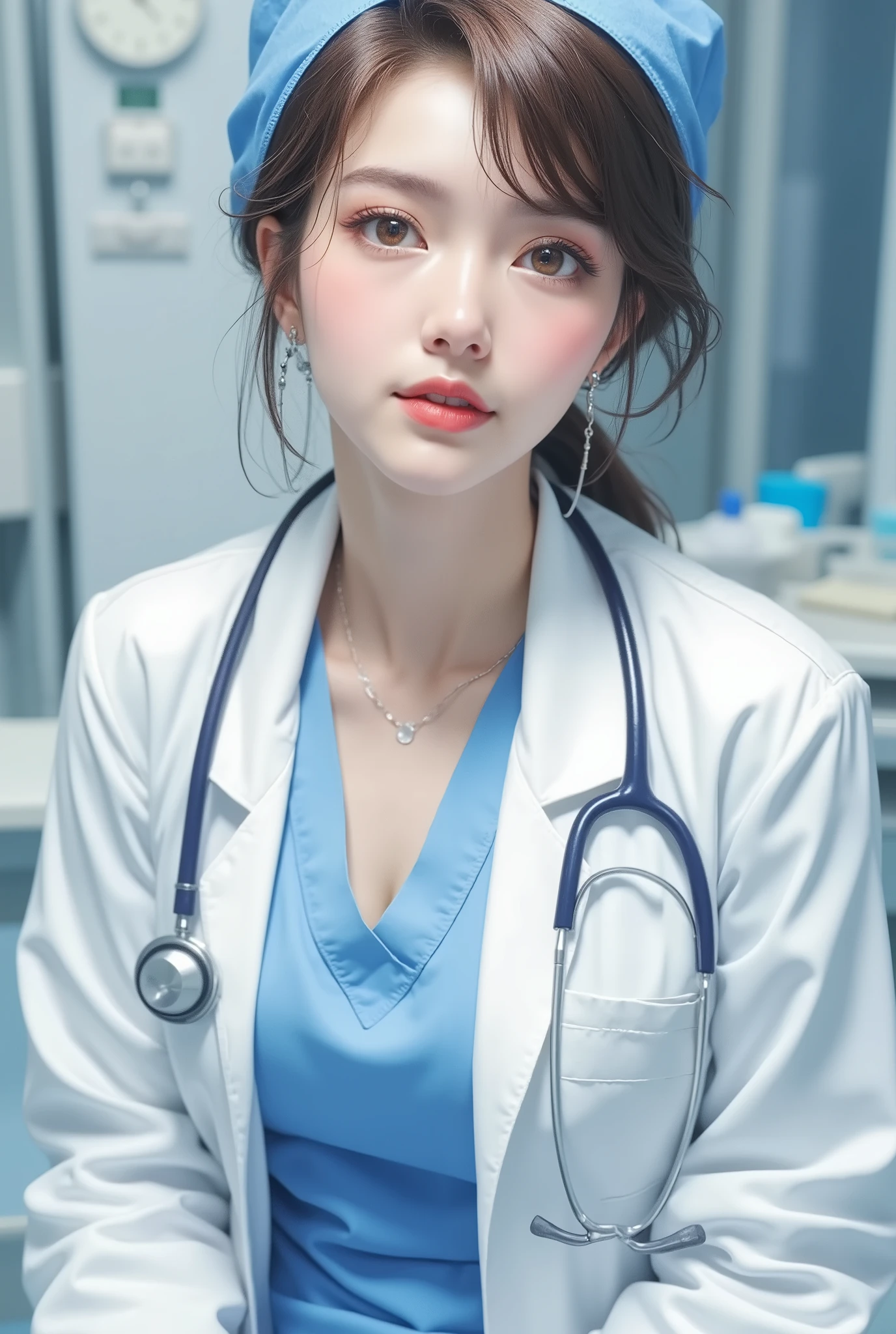 (Masterpiece, Highest Quality: 1.1)
(A mature female doctor in a white coat is examining you with a smile)
Hospital, examination room, female doctor
(Cleavage, wearing light blue disposable scrubs)
{Brown hair, brown eyes, large breasts: 1.5, oily skin, saggy breasts: 1.3, cleavage: 1.5}
Nurse cap, (stethoscope: 1.3)
High angle,