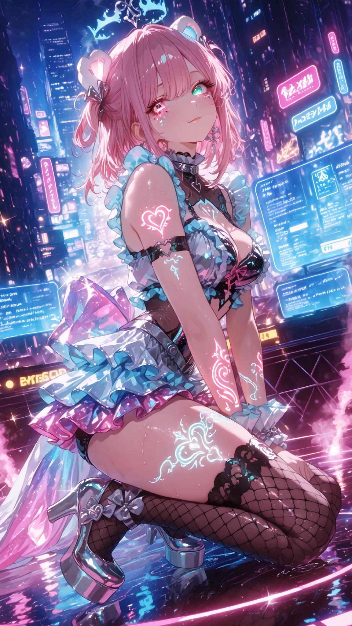 ((best quality, masterpiece, absurdres, super-resolution)) (2girl), (neon light signage:1), partying, voluptuous,sexy low cut dress, belly button, good vibes, beautiful  sceneries, portrait shot, (half body), high energy, dancing