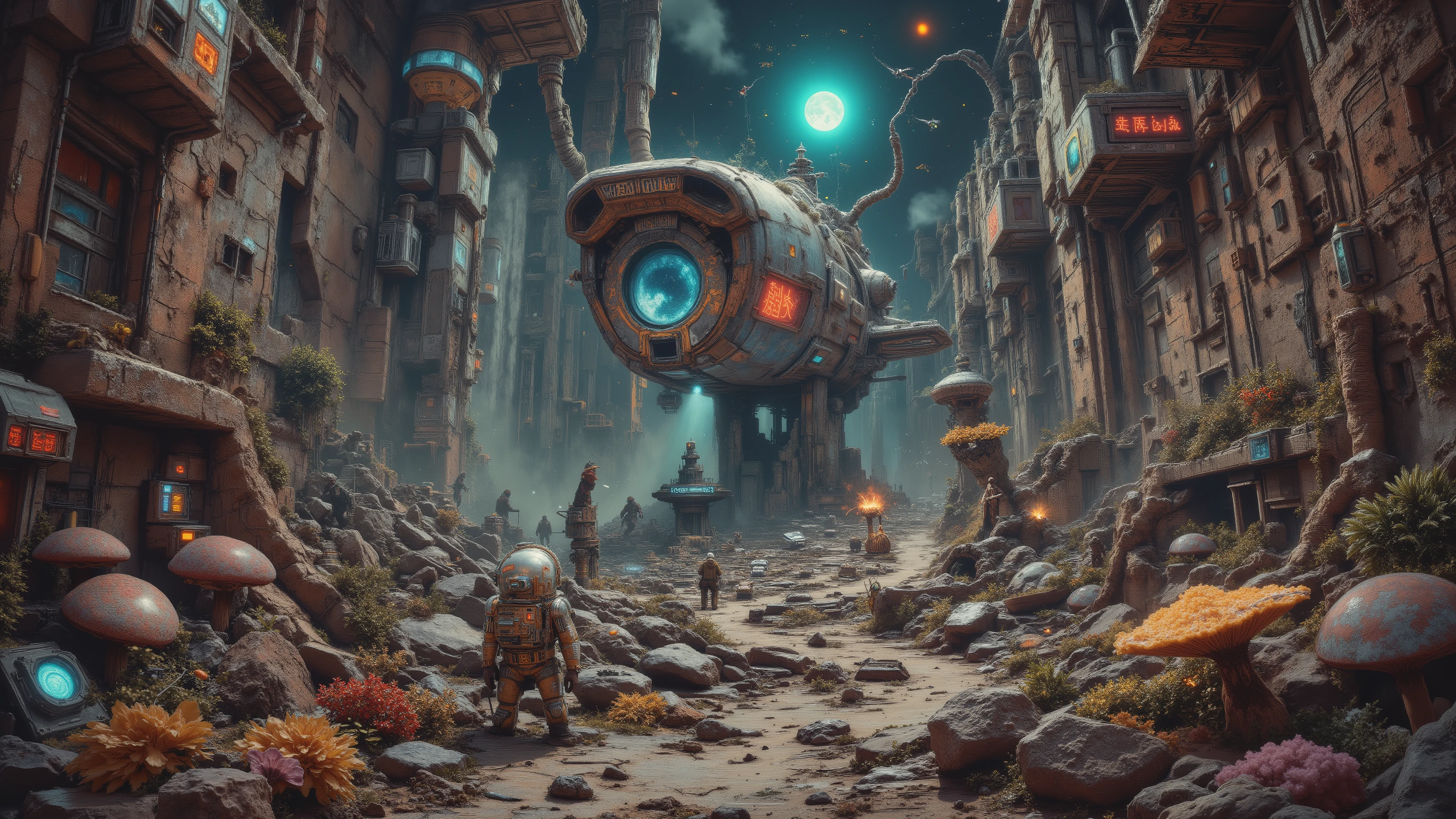 Retro vintage sci-fi illustration, a spaceship landed in the middle of a surreal jungle, giant cables growing like trees with glowing roots, astronauts in old-fashioned space suits exploring, neon fungi projecting holographic memories, insects with fractal wings flying around, atmosphere of awe and strangeness, pulp magazine cover style, muted colors with grainy textures