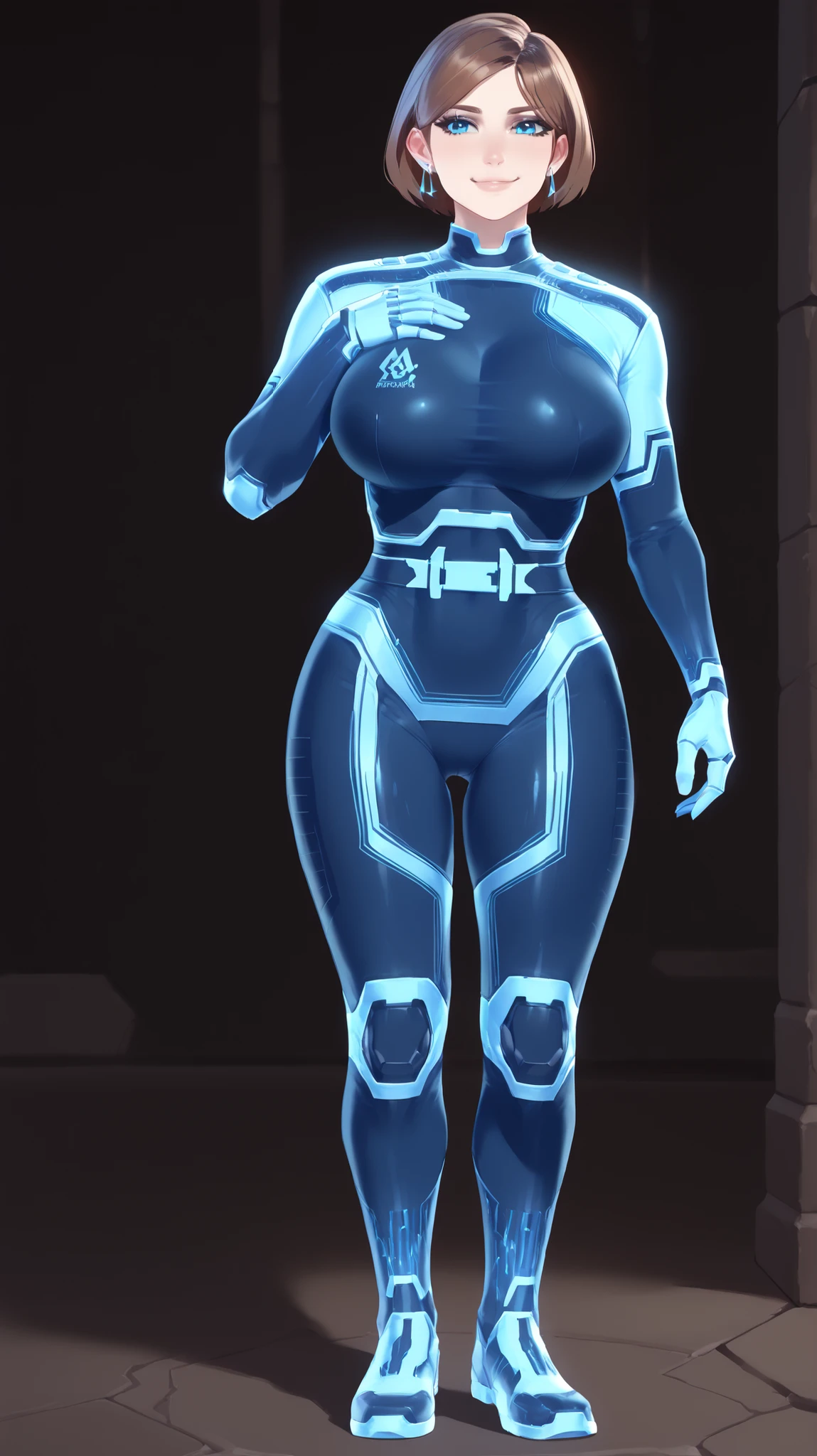 TheWeapon,UNSC bodysuit, demidef, android,  white skin, blue eyes, , , earrings, short hair, brown hair, huge breasts,  HazeltheBuster_WDE, high cheekbones, miniskirt, gentle smile, hologram lines, slender waist, rank insignia, shoulder rank, dark blue top unzipped, blue glow, full body
