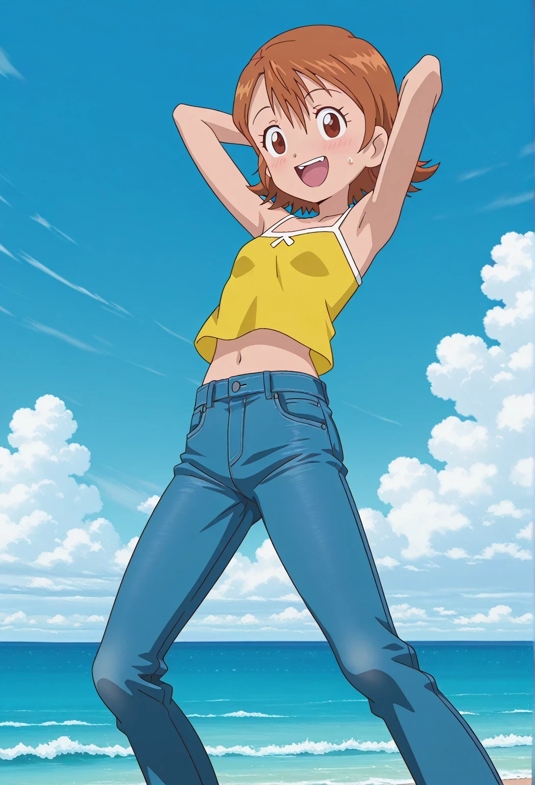 score_9, score_8_up, score_7_up, source_anime, highres, hi res, ((best quality, top quality, perfect quality, Highest Quality, amazing quality)), {{masterpiece}}, {{an extremely delicate and beautiful}}, 2d, intricate details, official style, anime, 8k, anime style, official_anime, official art, digital painting, cell shading, soft shading, high resolution, soothing tones, Subdued Color, Soft cinematic light, adobe lightroom, photolab, HDR, intricately and hyper-detailed, ((high quality animation)), 1 girl, Alone, solo, ((ocean)), tsunami, on the water, day, sunny, outdoors, sky, windy, sora takenouchi, digimon short hair, brown eyes, anime screencap, small breasts, yellow camisole top, crop top, yellow crop top, best quality, hyper-detailed jeans, ((blue jeans:1.9)), (dark blue jeans:0.6), full medium body, medium shot, Open mouth, smiling, happy face, blush, sweat, standing, ((arms behind head:6.0)), bowlegged, jumping pose, action, looking at viewer, spread legs, Bend knees slightly, straight-on front view