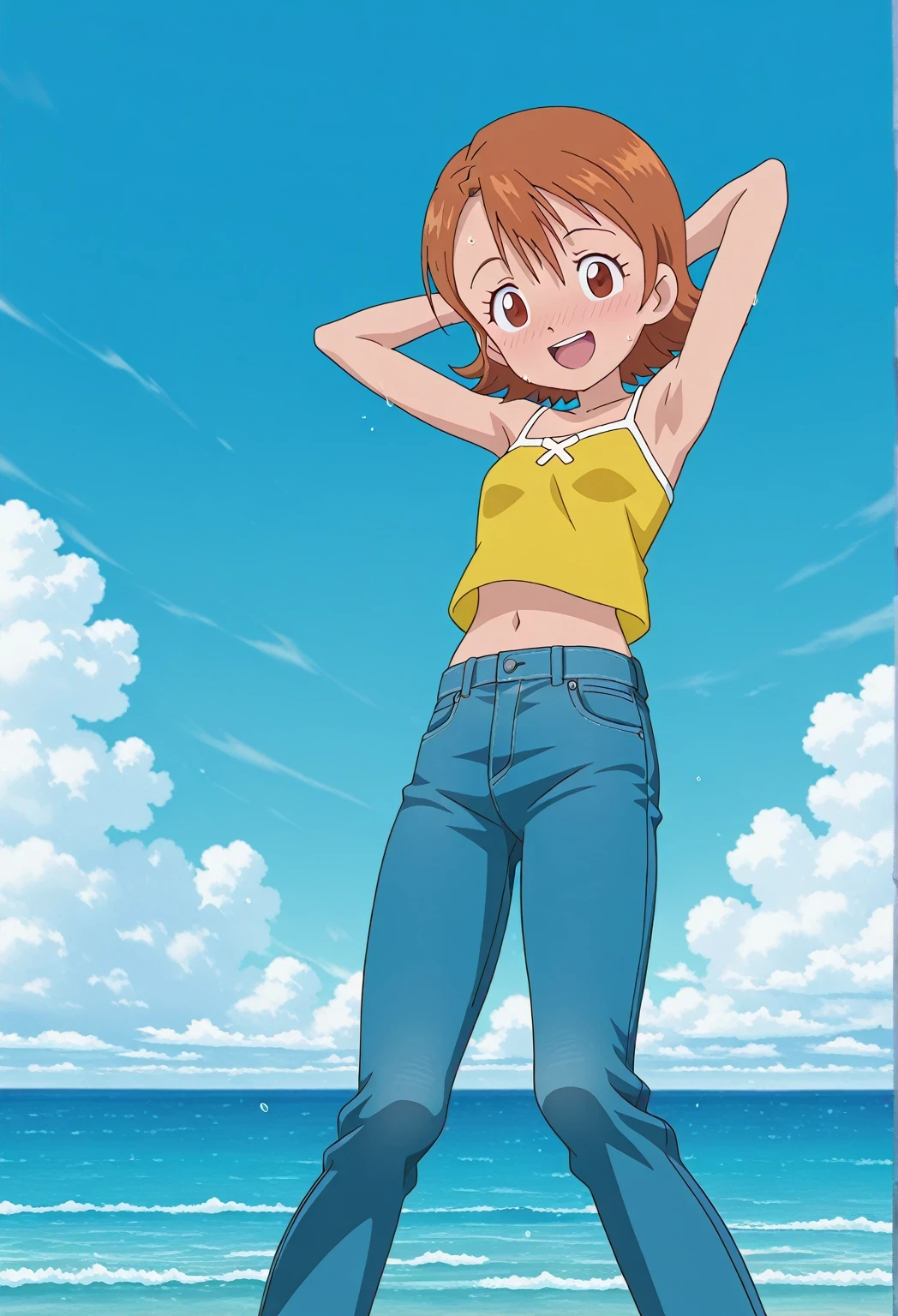 score_9, score_8_up, score_7_up, source_anime, highres, hi res, ((best quality, top quality, perfect quality, Highest Quality, amazing quality)), {{masterpiece}}, {{an extremely delicate and beautiful}}, 2d, intricate details, official style, anime, 8k, anime style, official_anime, official art, digital painting, cell shading, soft shading, high resolution, soothing tones, Subdued Color, Soft cinematic light, adobe lightroom, photolab, HDR, intricately and hyper-detailed, ((high quality animation)), 1 girl, Alone, solo, ((ocean)), tsunami, on the water, day, sunny, outdoors, sky, windy, sora takenouchi, digimon short hair, brown eyes, anime screencap, small breasts, yellow camisole top, crop top, yellow crop top, best quality, hyper-detailed jeans, ((blue jeans:1.9)), (dark blue jeans:0.6), full medium body, medium shot, Open mouth, smiling, happy face, blush, sweat, standing, ((arms behind head:6.0)), bowlegged, jumping pose, action, looking at viewer, spread legs, Bend knees slightly, straight-on front view