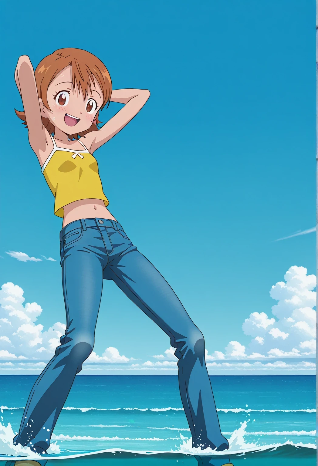 score_9, score_8_up, score_7_up, source_anime, highres, hi res, ((best quality, top quality, perfect quality, Highest Quality, amazing quality)), {{masterpiece}}, {{an extremely delicate and beautiful}}, 2d, intricate details, official style, anime, 8k, anime style, official_anime, official art, digital painting, cell shading, soft shading, high resolution, soothing tones, Subdued Color, Soft cinematic light, adobe lightroom, photolab, HDR, intricately and hyper-detailed, ((high quality animation)), 1 girl, Alone, solo, ((ocean)), tsunami, on the water, day, sunny, outdoors, sky, windy, sora takenouchi, digimon short hair, brown eyes, anime screencap, small breasts, yellow camisole top, crop top, yellow crop top, best quality, hyper-detailed jeans, ((blue jeans:1.9)), (dark blue jeans:0.6), full medium body, medium shot, Open mouth, smiling, happy face, blush, sweat, standing, ((arms behind head:6.0)), bowlegged, jumping pose, action, looking at viewer, spread legs, Bend knees slightly, straight-on front view