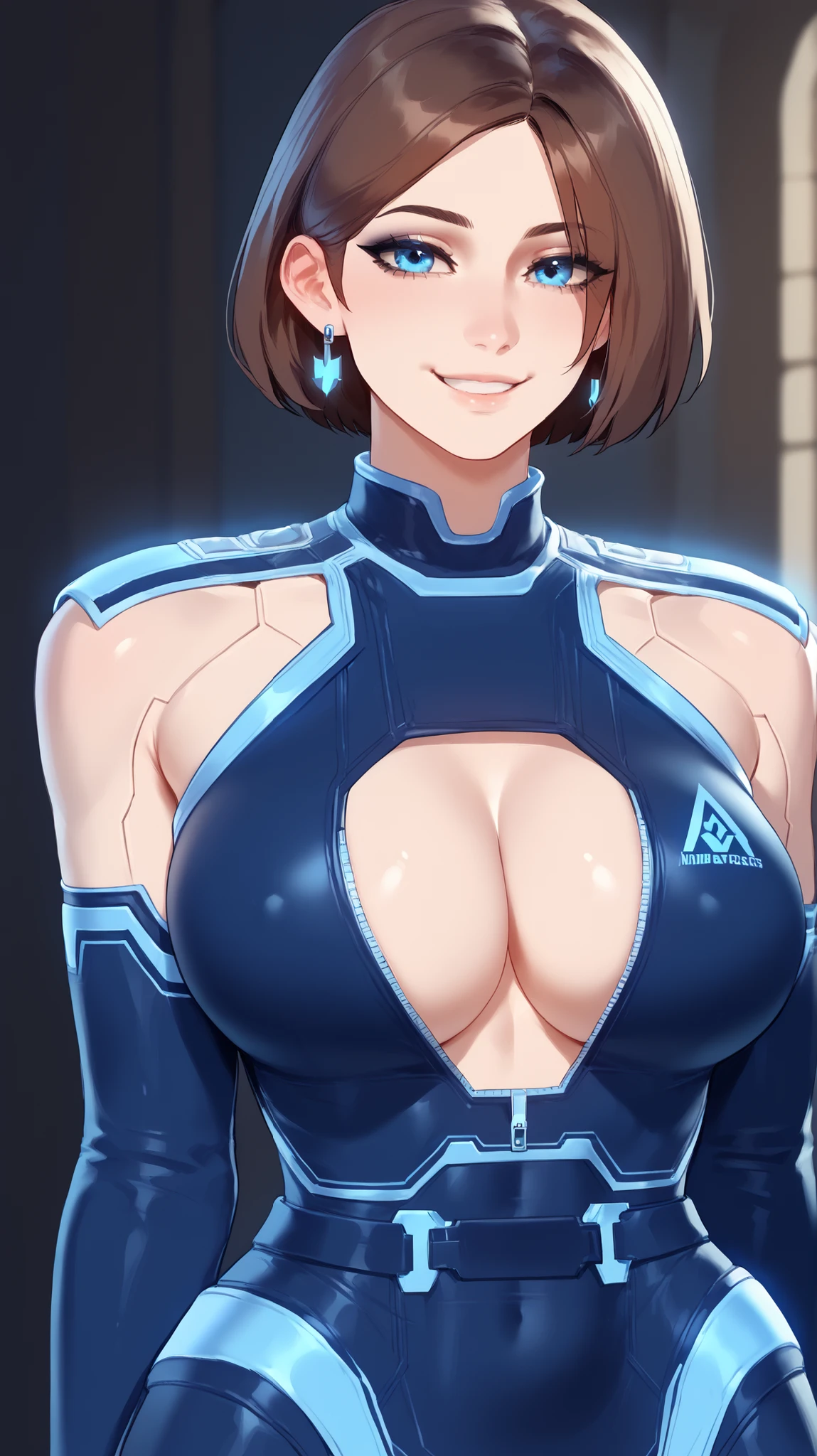 TheWeapon,UNSC bodysuit, demidef, android,  white skin, blue eyes, , , earrings, short hair, brown hair, huge breasts,  HazeltheBuster_WDE, high cheekbones, miniskirt, gentle smile, hologram lines, slender waist, rank insignia, shoulder rank, dark blue top unzipped, blue glow, gold rank on shoulders