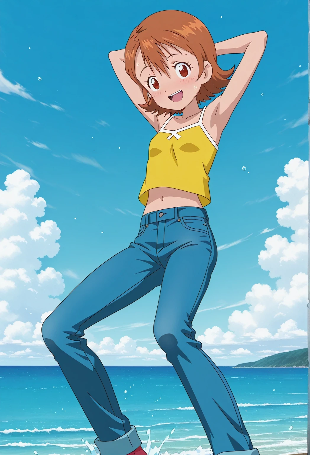 score_9, score_8_up, score_7_up, source_anime, highres, hi res, ((best quality, top quality, perfect quality, Highest Quality, amazing quality)), {{masterpiece}}, {{an extremely delicate and beautiful}}, 2d, intricate details, official style, anime, 8k, anime style, official_anime, official art, digital painting, cell shading, soft shading, high resolution, soothing tones, Subdued Color, Soft cinematic light, adobe lightroom, photolab, HDR, intricately and hyper-detailed, ((high quality animation)), 1 girl, Alone, solo, ((ocean)), tsunami, on the water, day, sunny, outdoors, sky, windy, sora takenouchi, digimon short hair, brown eyes, anime screencap, small breasts, yellow camisole top, crop top, yellow crop top, best quality, hyper-detailed jeans, ((blue jeans:1.9)), (dark blue jeans:0.6), full medium body, medium shot, Open mouth, smiling, happy face, blush, sweat, standing, ((arms behind head:6.0)), bowlegged, jumping pose, action, looking at viewer, spread legs, Bend knees slightly, straight-on front view