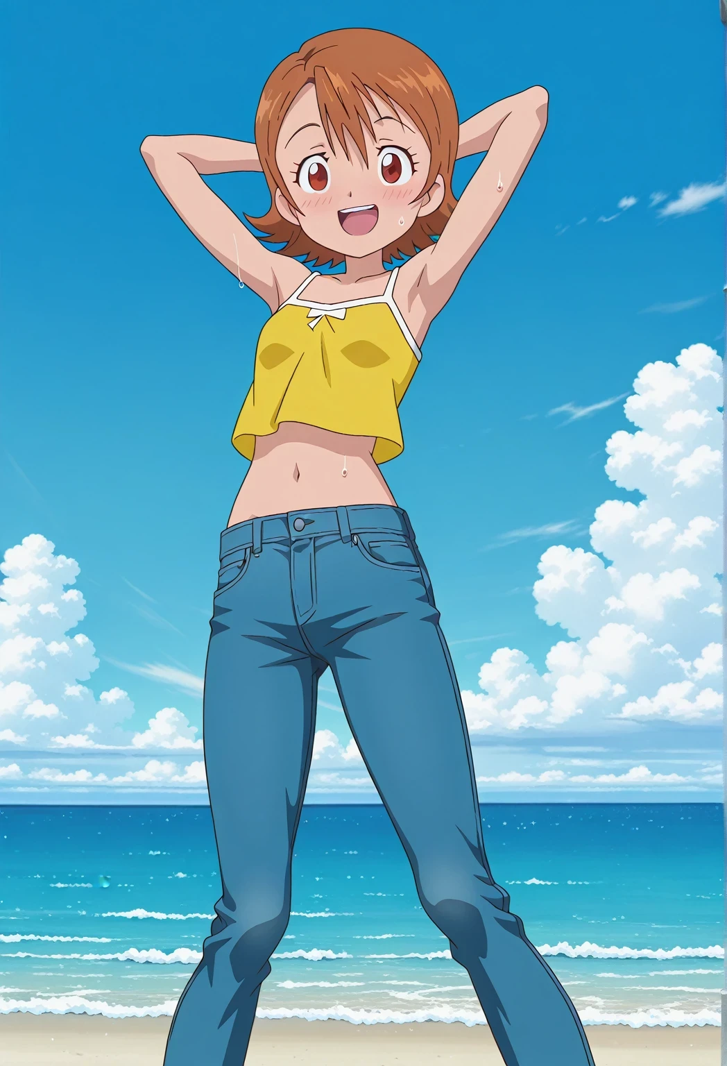 score_9, score_8_up, score_7_up, source_anime, highres, hi res, ((best quality, top quality, perfect quality, Highest Quality, amazing quality)), {{masterpiece}}, {{an extremely delicate and beautiful}}, 2d, intricate details, official style, anime, 8k, anime style, official_anime, official art, digital painting, cell shading, soft shading, high resolution, soothing tones, Subdued Color, Soft cinematic light, adobe lightroom, photolab, HDR, intricately and hyper-detailed, ((high quality animation)), 1 girl, Alone, solo, ((ocean)), tsunami, on the water, day, sunny, outdoors, sky, windy, sora takenouchi, digimon short hair, brown eyes, anime screencap, small breasts, yellow camisole top, crop top, yellow crop top, best quality, hyper-detailed jeans, ((blue jeans:1.9)), (dark blue jeans:0.6), full medium body, medium shot, Open mouth, smiling, happy face, blush, sweat, standing, ((arms behind head:6.0)), bowlegged, jumping pose, action, looking at viewer, spread legs, Bend knees slightly, straight-on front view