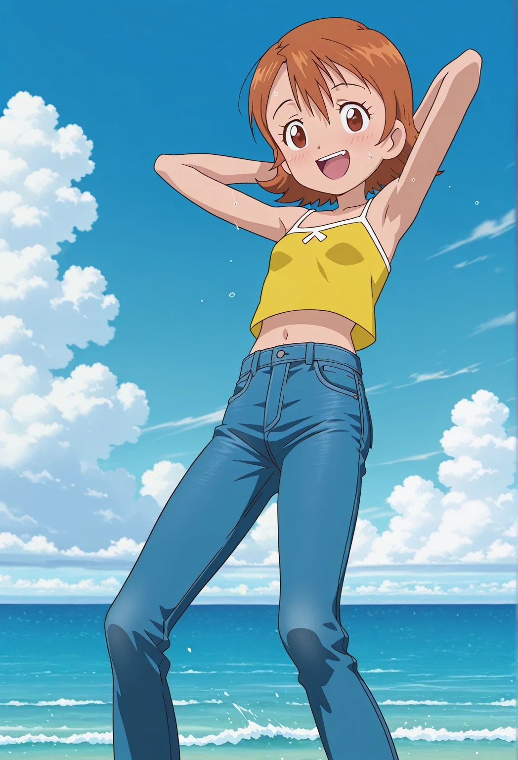 score_9, score_8_up, score_7_up, source_anime, highres, hi res, ((best quality, top quality, perfect quality, Highest Quality, amazing quality)), {{masterpiece}}, {{an extremely delicate and beautiful}}, 2d, intricate details, official style, anime, 8k, anime style, official_anime, official art, digital painting, cell shading, soft shading, high resolution, soothing tones, Subdued Color, Soft cinematic light, adobe lightroom, photolab, HDR, intricately and hyper-detailed, ((high quality animation)), 1 girl, Alone, solo, ((ocean)), tsunami, on the water, day, sunny, outdoors, sky, windy, sora takenouchi, digimon short hair, brown eyes, anime screencap, small breasts, yellow camisole top, crop top, yellow crop top, best quality, hyper-detailed jeans, ((blue jeans:1.9)), (dark blue jeans:0.6), full medium body, medium shot, Open mouth, smiling, happy face, blush, sweat, standing, ((arms behind head:6.0)), bowlegged, jumping pose, action, looking at viewer, spread legs, Bend knees slightly, straight-on front view