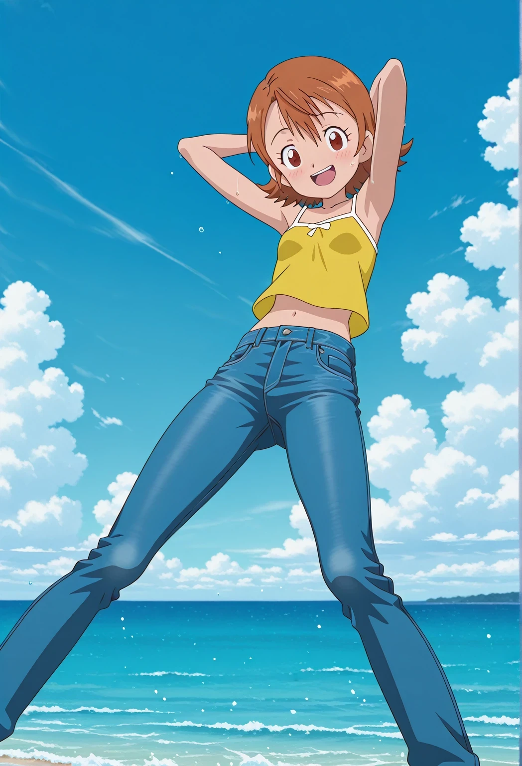 score_9, score_8_up, score_7_up, source_anime, highres, hi res, ((best quality, top quality, perfect quality, Highest Quality, amazing quality)), {{masterpiece}}, {{an extremely delicate and beautiful}}, 2d, intricate details, official style, anime, 8k, anime style, official_anime, official art, digital painting, cell shading, soft shading, high resolution, soothing tones, Subdued Color, Soft cinematic light, adobe lightroom, photolab, HDR, intricately and hyper-detailed, ((high quality animation)), 1 girl, Alone, solo, ((ocean)), tsunami, on the water, day, sunny, outdoors, sky, windy, sora takenouchi, digimon short hair, brown eyes, anime screencap, small breasts, yellow camisole top, crop top, yellow crop top, best quality, hyper-detailed jeans, ((blue jeans:1.9)), (dark blue jeans:0.6), full medium body, medium shot, Open mouth, smiling, happy face, blush, sweat, standing, ((arms behind head:6.0)), bowlegged, jumping pose, action, looking at viewer, spread legs, Bend knees slightly, straight-on front view