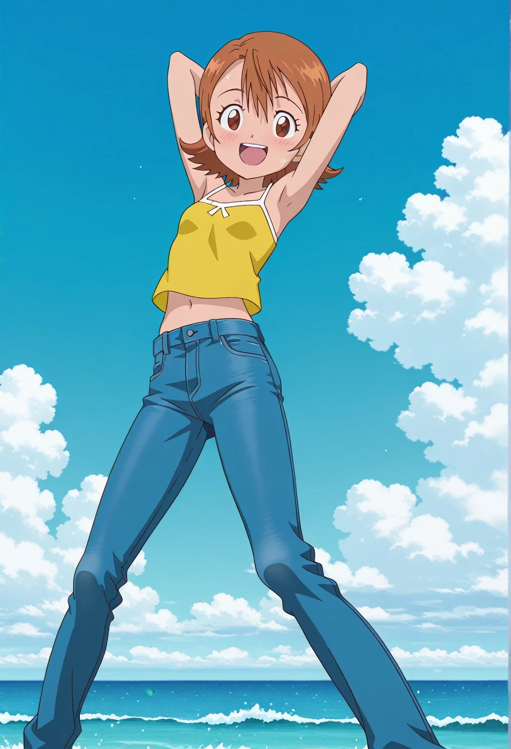 score_9, score_8_up, score_7_up, source_anime, highres, hi res, ((best quality, top quality, perfect quality, Highest Quality, amazing quality)), {{masterpiece}}, {{an extremely delicate and beautiful}}, 2d, intricate details, official style, anime, 8k, anime style, official_anime, official art, digital painting, cell shading, soft shading, high resolution, soothing tones, Subdued Color, Soft cinematic light, adobe lightroom, photolab, HDR, intricately and hyper-detailed, ((high quality animation)), 1 girl, Alone, solo, ((ocean)), tsunami, on the water, day, sunny, outdoors, sky, windy, sora takenouchi, digimon short hair, brown eyes, anime screencap, small breasts, yellow camisole top, crop top, yellow crop top, best quality, hyper-detailed jeans, ((blue jeans:1.9)), (dark blue jeans:0.6), full medium body, medium shot, Open mouth, smiling, happy face, blush, sweat, standing, ((arms behind head:6.0)), bowlegged, jumping pose, action, looking at viewer, spread legs, Bend knees slightly, straight-on front view