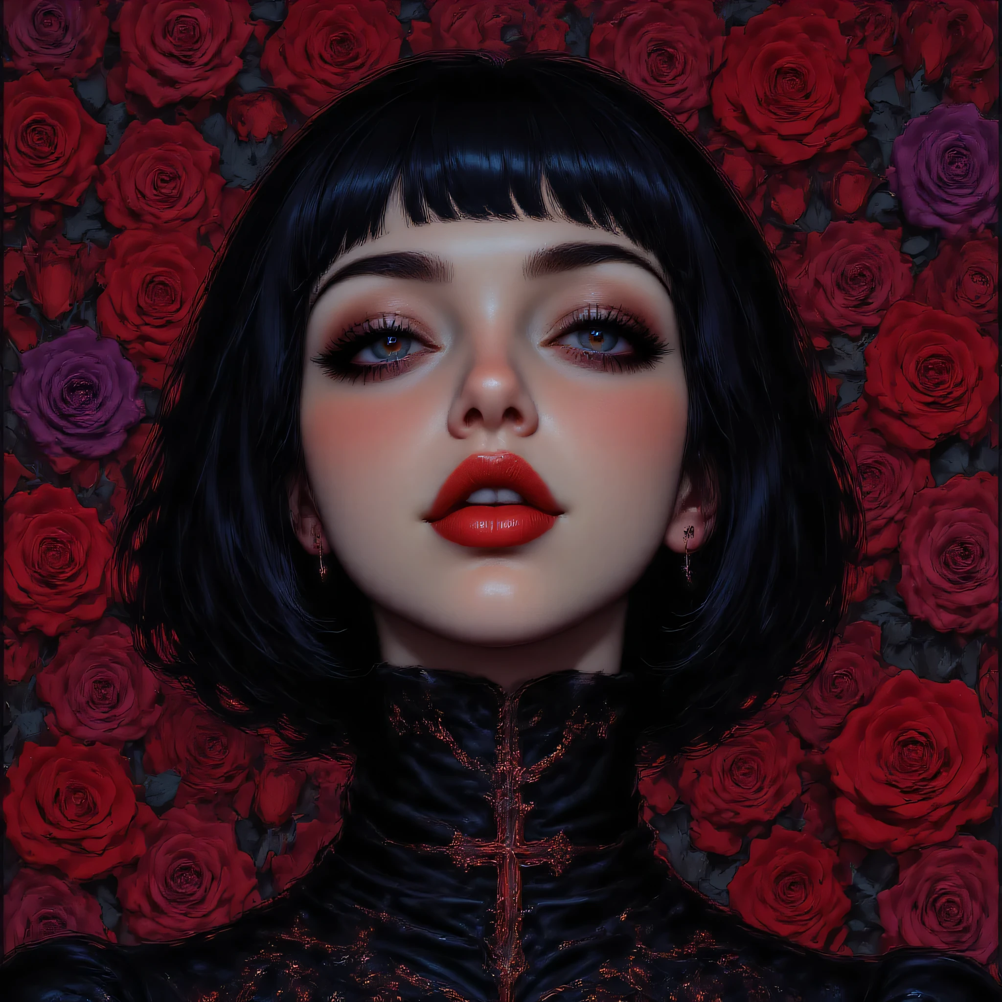 8K digital photography, Complex, elegant, highly detailed, majestic, Facial portrait of a pale-skinned girl, black bob haircut, thin lips with red lipstick, No eyes or nose, Only her lips, nose piercing, background: black roses, red and purple roses.