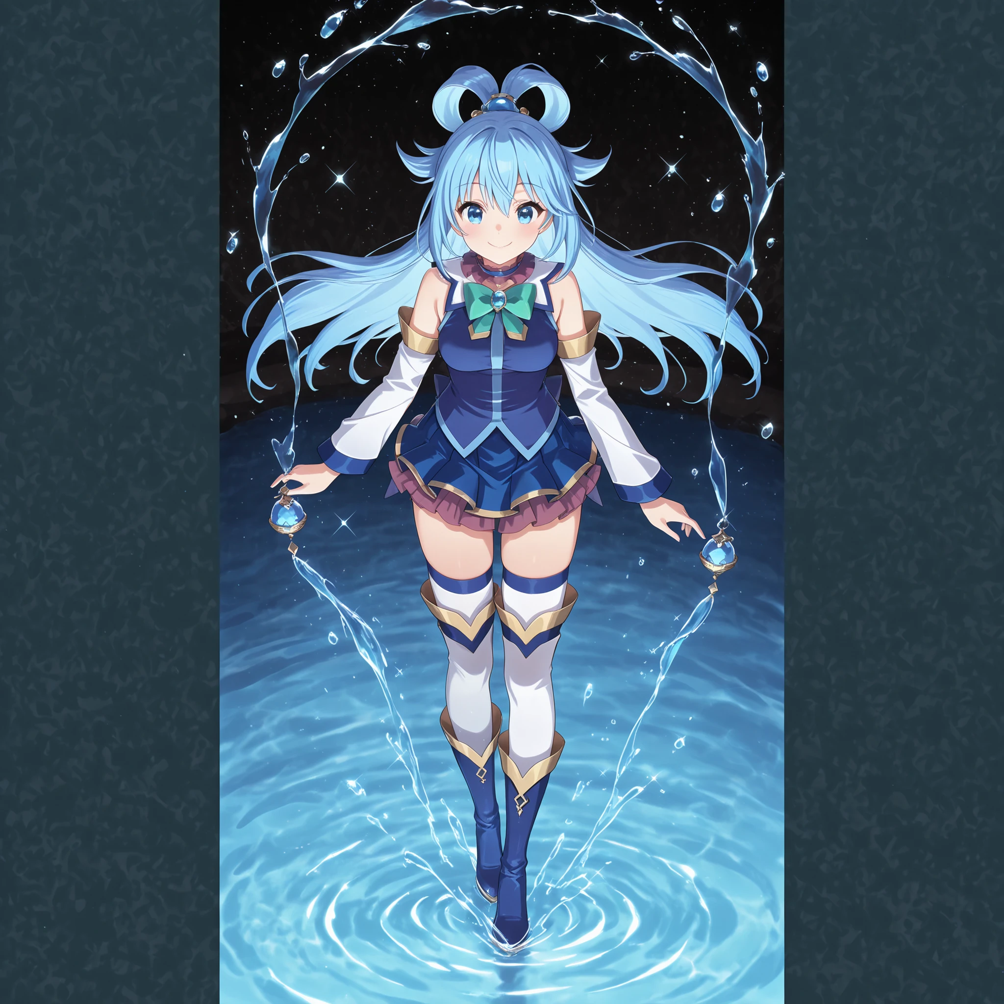 Smile Yan， is wearing water，Manipulating the flow of water，blue skirt, blue shirt, thighhighs, bare shoulders, detached sleeves, white thighhighs, green bow,blue boots，blue shirt, purple collar, bare shoulders, sleeveless shirt, separated sleeves, white sleeves, long sleeves, ornaments, blue shirt, blue small gem, green bowtie, blue boots, tall boots, long boots, white long socks, pleated skirt, high resolution，8K，high image quality，beautiful，white thighhighs, zettai ryouiki, blue thigh boots, thighhighs, thigh highs under boots, thighhighs under boots
