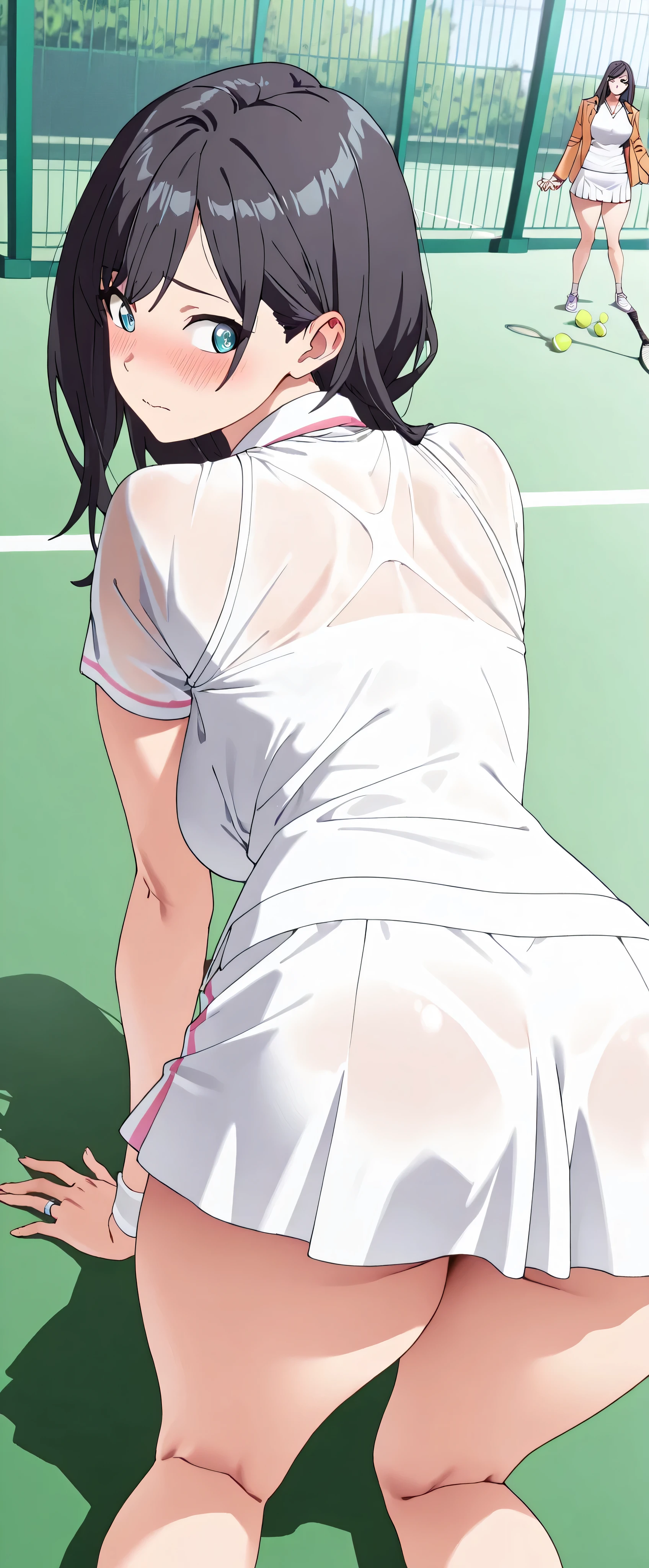 high resolution, Adult female , Good Lighting, Despicable, , (tennis court,on all fours), (((tennis wear,miniskirt,undercoat that stands out locally))), , Abdominal area only, (SEE-THROUGH), , cute face, I' m I'm so embarrassed that I blush, ((Looking Back)), (())(ring with hand near side angle)(thick thighs)(())Takada Rokka