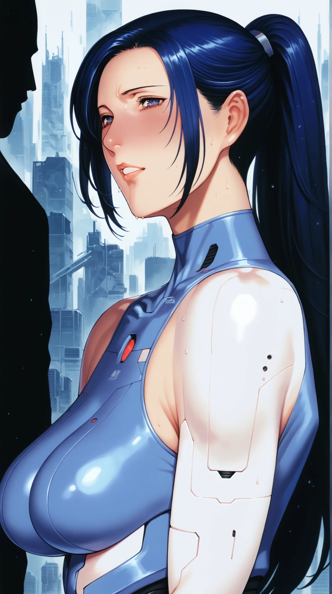 score_9, score_8_up, score_7_up, source_anime, dramatic pose around computer desk, Portrait, sunny day, 1girl, dark blue hair, Long Hair with a High Ponytail, futuristic suit , cold, looks nervous, A faint blush, Sleek Visor, Metallic Accessories, Dramatic Light from the Side , 1990s, Retro, (( Giant Robot Silhouette Background)), Futuristic Cityscape, Intense atmosphere, watching viewers on a tall chair,(masterpiece,high resolution), huge breasts