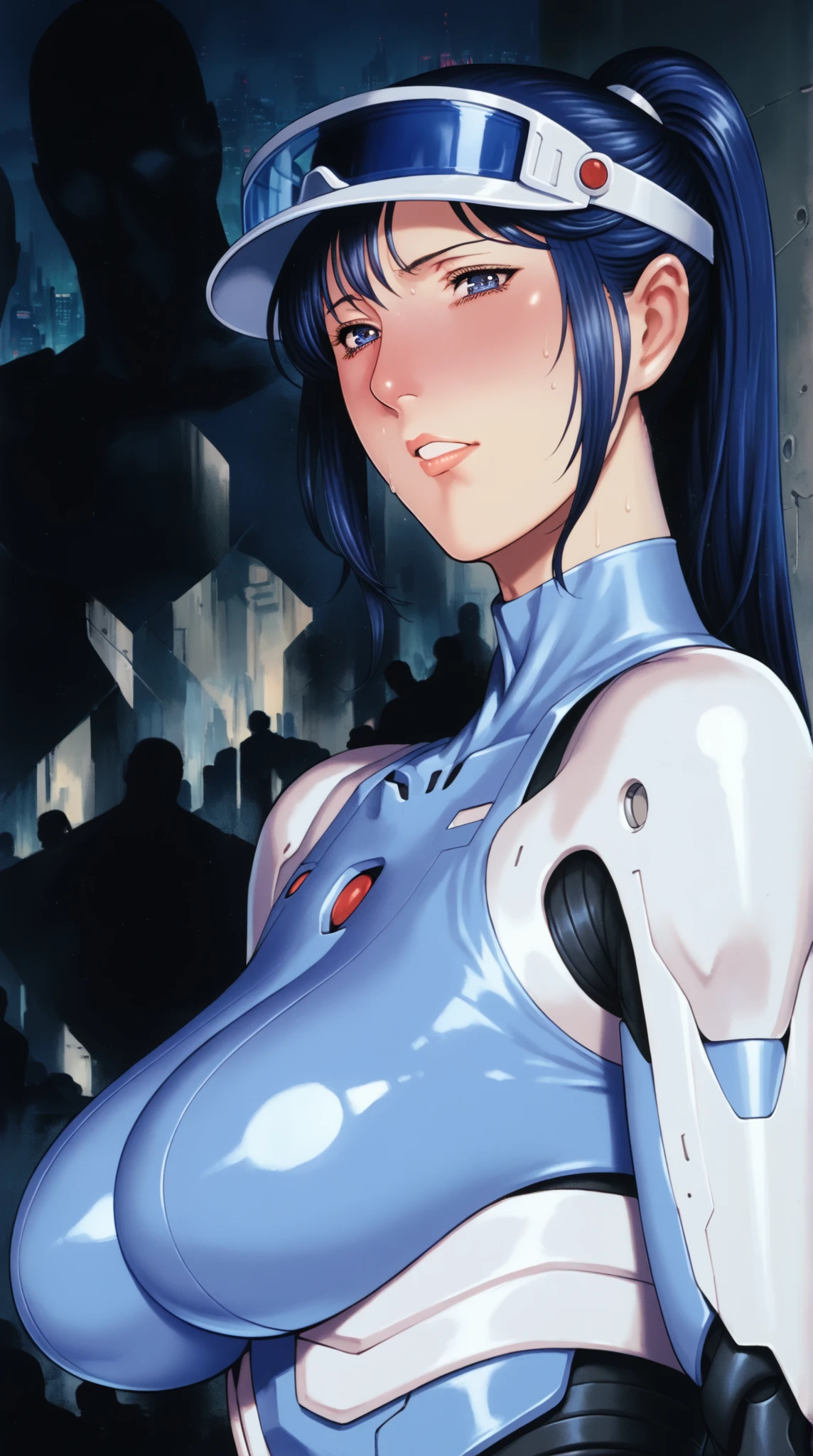 score_9, score_8_up, score_7_up, source_anime, dramatic pose around computer desk, Portrait, sunny day, 1girl, dark blue hair, Long Hair with a High Ponytail, futuristic suit , cold, looks nervous, A faint blush, Sleek Visor, Metallic Accessories, Dramatic Light from the Side , 1990s, Retro, (( Giant Robot Silhouette Background)), Futuristic Cityscape, Intense atmosphere, watching viewers on a tall chair,(masterpiece,high resolution), huge breasts