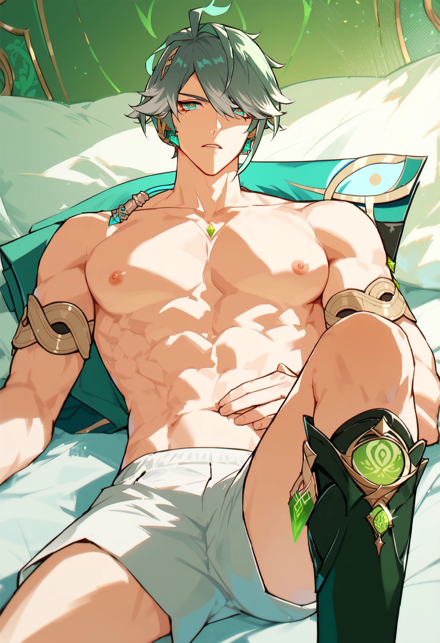 Genshin Impact Alhaitham, shirtless, showing off his abdominal and pectoral muscles (slim body), wearing white shorts and black socks, lying on the bed, with green eyes (nice eyes)