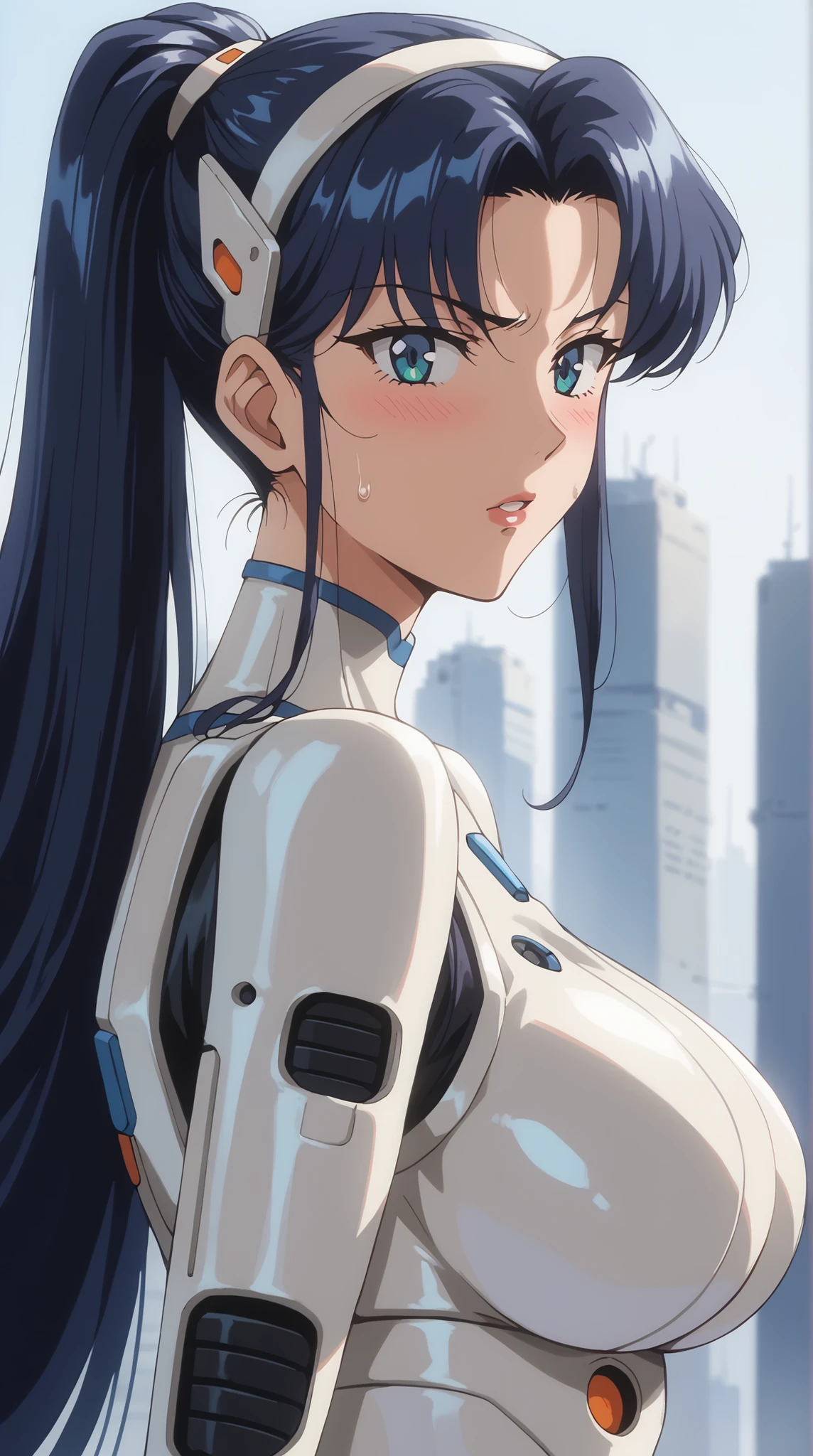 score_9, score_8_up, score_7_up, source_anime, dramatic pose around computer desk, Portrait, sunny day, 1girl, dark blue hair, Long Hair with a High Ponytail, futuristic suit , cold, looks nervous, A faint blush, Sleek Visor, Metallic Accessories, Dramatic Light from the Side , 1990s, Retro, (( Giant Robot Silhouette Background)), Futuristic Cityscape, Intense atmosphere, watching viewers on a tall chair,(masterpiece,high resolution), huge breasts