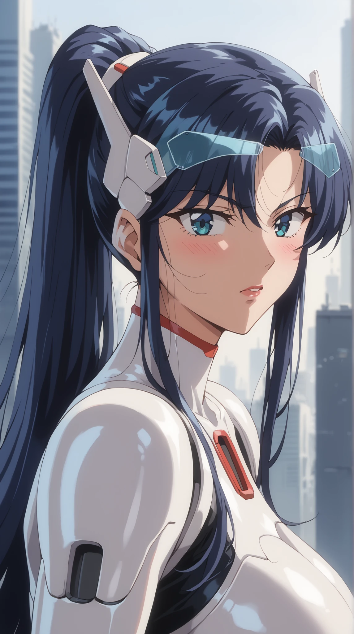score_9, score_8_up, score_7_up, source_anime, dramatic pose around computer desk, Portrait, sunny day, 1girl, dark blue hair, Long Hair with a High Ponytail, futuristic suit , cold, looks nervous, A faint blush, Sleek Visor, Metallic Accessories, Dramatic Light from the Side , 1990s, Retro, (( Giant Robot Silhouette Background)), Futuristic Cityscape, Intense atmosphere, watching viewers on a tall chair,(masterpiece,high resolution), huge breasts
