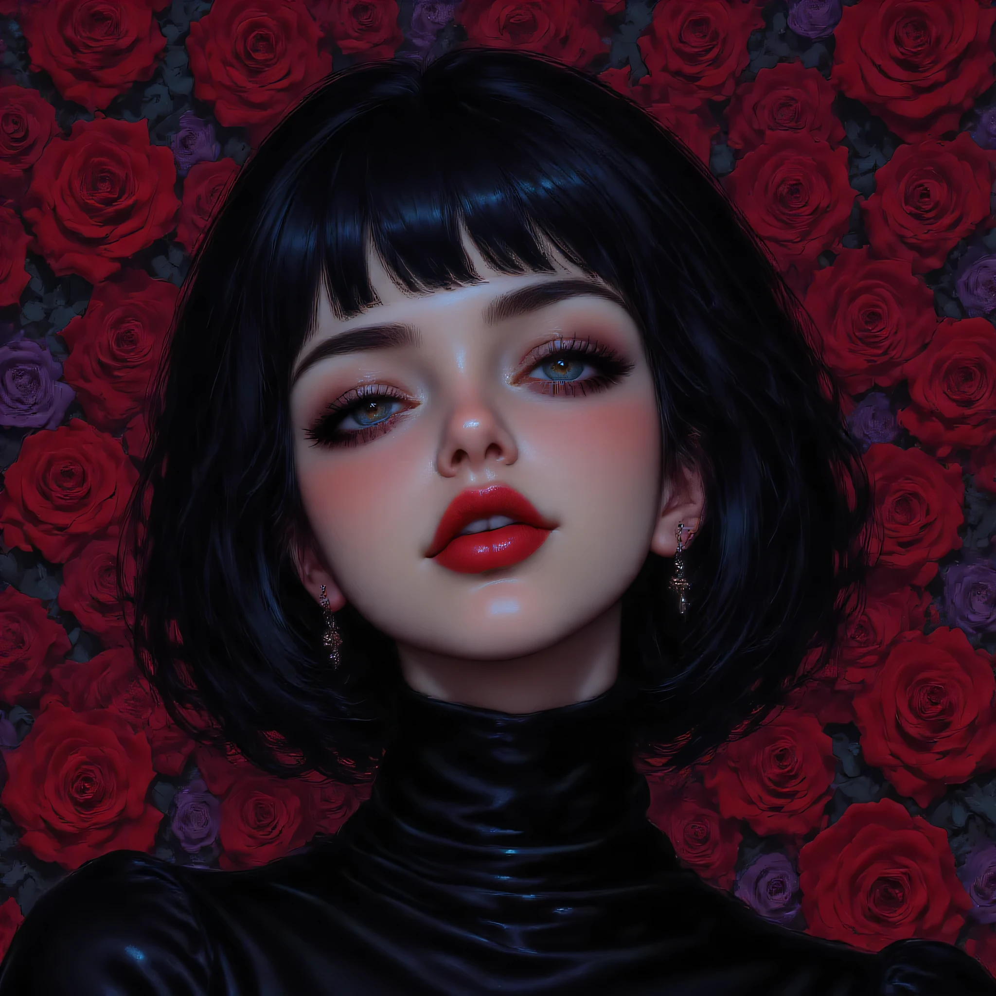 8K digital photography, Complex, elegant, highly detailed, majestic, Facial portrait of a pale-skinned girl, black bob haircut, thin lips with red lipstick, No eyes or nose, Only her lips, nose piercing, background: black roses, red and purple roses.