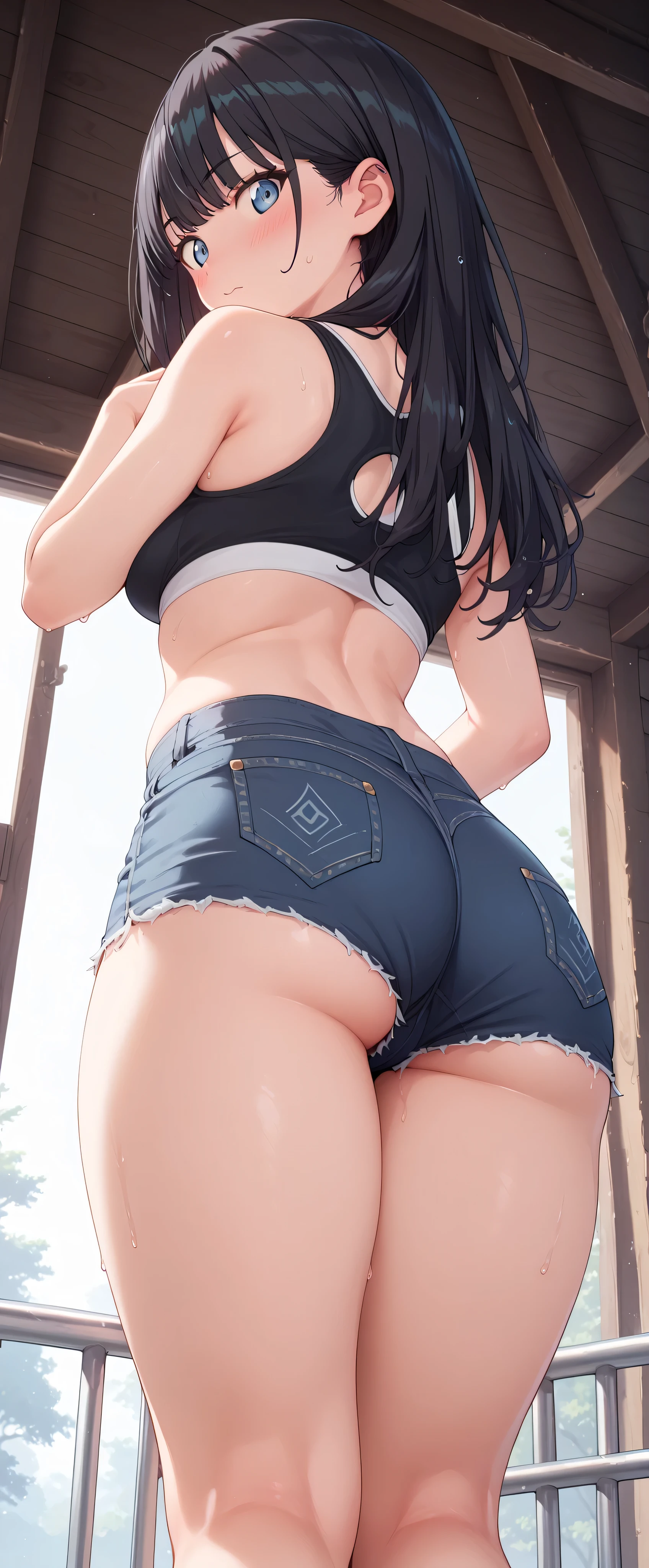high resolution, Adult female , Good Lighting, Despicable, , (I haven't taken off my clothes), (((sports bra, micro short jeans,))), , Abdominal area only, (Up-angle to buttocks), , cute face, I' m I'm so embarrassed that I blush, embarrassed, (), ((Dark Haired))(big butt,thick thighs)()(look back and look back)((long hair)),((low angle with handrail))thighs are wet,((open your legs wide))Takada Rokka