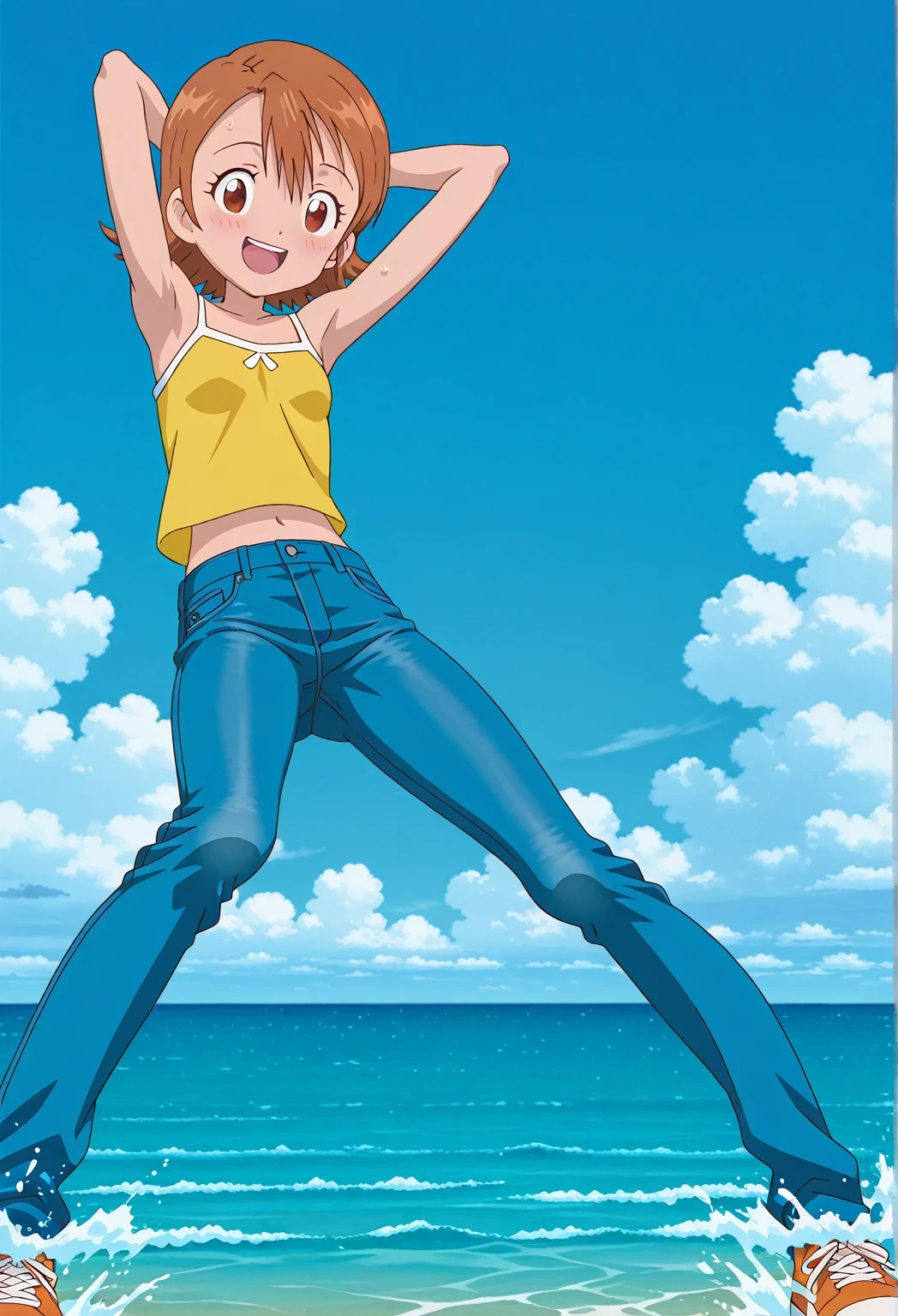score_9, score_8_up, score_7_up, source_anime, highres, hi res, ((best quality, top quality, perfect quality, Highest Quality, amazing quality)), {{masterpiece}}, {{an extremely delicate and beautiful}}, 2d, intricate details, official style, anime, 8k, anime style, official_anime, official art, digital painting, cell shading, soft shading, high resolution, soothing tones, Subdued Color, Soft cinematic light, adobe lightroom, photolab, HDR, intricately and hyper-detailed, ((high quality animation)), 1 girl, Alone, solo, ((ocean)), tsunami, on the water, day, sunny, outdoors, sky, windy, sora takenouchi, digimon short hair, brown eyes, anime screencap, small breasts, yellow camisole top, crop top, yellow crop top, best quality, hyper-detailed jeans, ((blue jeans:1.9)), (dark blue jeans:0.6), full medium body, medium shot, Open mouth, smiling, happy face, blush, sweat, standing, ((arms behind head:6.0)), bowlegged, sliding pose, action, looking at viewer, spread legs, Bend knees slightly, straight-on front view