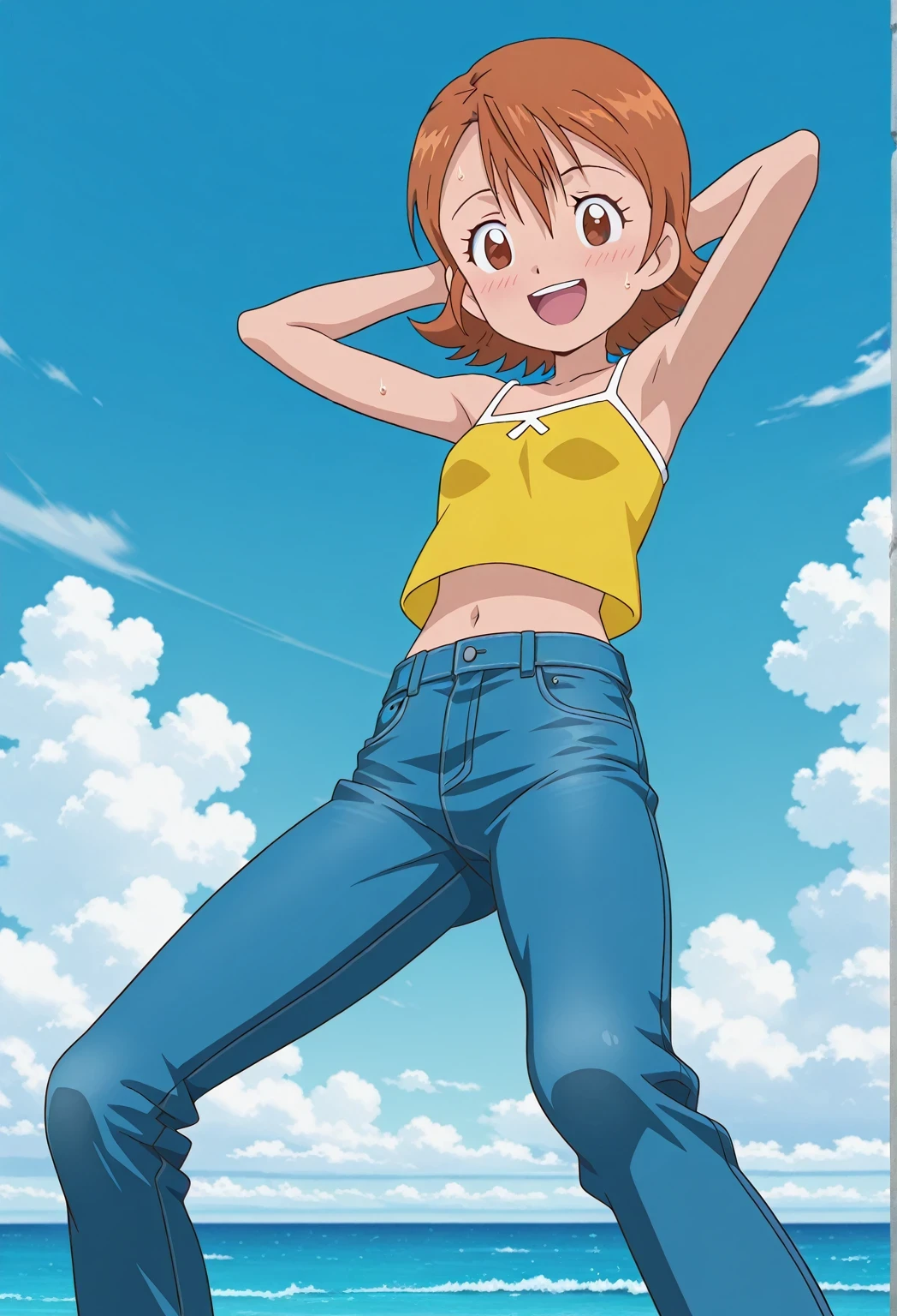 score_9, score_8_up, score_7_up, source_anime, highres, hi res, ((best quality, top quality, perfect quality, Highest Quality, amazing quality)), {{masterpiece}}, {{an extremely delicate and beautiful}}, 2d, intricate details, official style, anime, 8k, anime style, official_anime, official art, digital painting, cell shading, soft shading, high resolution, soothing tones, Subdued Color, Soft cinematic light, adobe lightroom, photolab, HDR, intricately and hyper-detailed, ((high quality animation)), 1 girl, Alone, solo, ((ocean)), tsunami, on the water, day, sunny, outdoors, sky, windy, sora takenouchi, digimon short hair, brown eyes, anime screencap, small breasts, yellow camisole top, crop top, yellow crop top, best quality, hyper-detailed jeans, ((blue jeans:1.9)), (dark blue jeans:0.6), full medium body, medium shot, Open mouth, smiling, happy face, blush, sweat, standing, ((arms behind head:6.0)), bowlegged, sliding pose, action, looking at viewer, spread legs, Bend knees slightly, straight-on front view