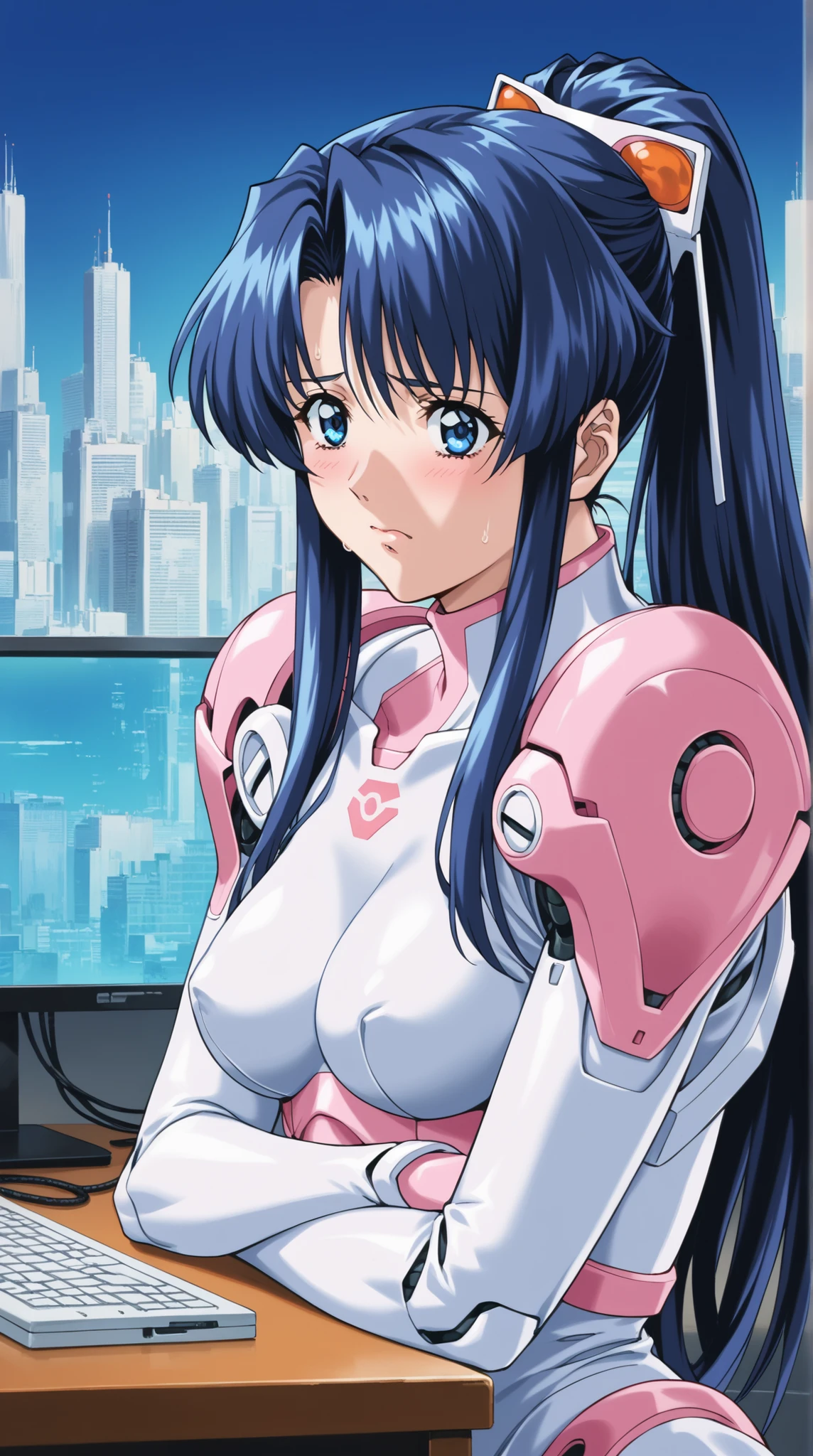 (Yokota Mamoru style),(portrait :1.4),score_9, score_8_up, score_7_up, source_anime, dramatic pose around computer desk, Portrait, sunny day, 1girl, dark blue hair, Long Hair with a High Ponytail,  futuristic suit , cold, looks nervous, A faint blush, Sleek Visor, Metallic Accessories, Dramatic Light from the Side , 1990s, Retro,  (( Giant Robot Silhouette Background)), Futuristic Cityscape, Intense atmosphere, watching viewers on a tall chair,(masterpiece,high resolution), medium breasts