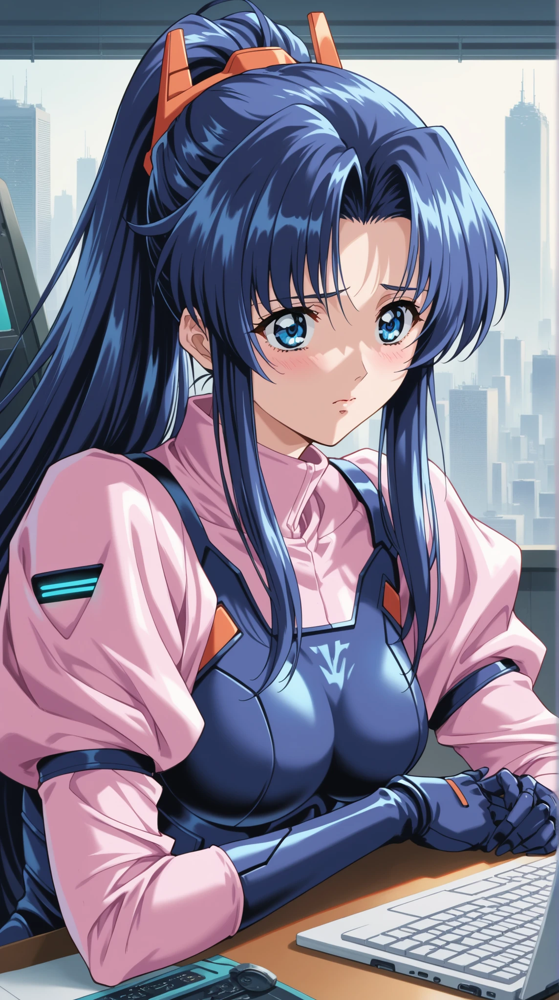 (Yokota Mamoru style),(portrait :1.4),score_9, score_8_up, score_7_up, source_anime, dramatic pose around computer desk, Portrait, sunny day, 1girl, dark blue hair, Long Hair with a High Ponytail, futuristic suit , cold, looks nervous, A faint blush, Sleek Visor, Metallic Accessories, Dramatic Light from the Side , 1990s, Retro, (( Giant Robot Silhouette Background)), Futuristic Cityscape, Intense atmosphere, watching viewers on a tall chair,(masterpiece,high resolution), medium breasts