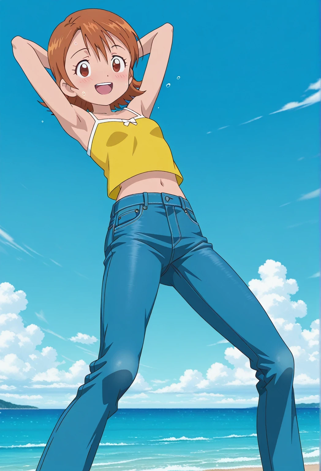 score_9, score_8_up, score_7_up, source_anime, highres, hi res, ((best quality, top quality, perfect quality, Highest Quality, amazing quality)), {{masterpiece}}, {{an extremely delicate and beautiful}}, 2d, intricate details, official style, anime, 8k, anime style, official_anime, official art, digital painting, cell shading, soft shading, high resolution, soothing tones, Subdued Color, Soft cinematic light, adobe lightroom, photolab, HDR, intricately and hyper-detailed, ((high quality animation)), 1 girl, Alone, solo, ((ocean)), tsunami, on the water, day, sunny, outdoors, sky, windy, sora takenouchi, digimon short hair, brown eyes, anime screencap, small breasts, yellow camisole top, crop top, yellow crop top, best quality, hyper-detailed jeans, ((blue jeans:1.9)), (dark blue jeans:0.6), full medium body, medium shot, Open mouth, smiling, happy face, blush, sweat, standing, ((arms behind head:6.0)), bowlegged, sliding pose, action, looking at viewer, spread legs, Bend knees slightly, straight-on front view