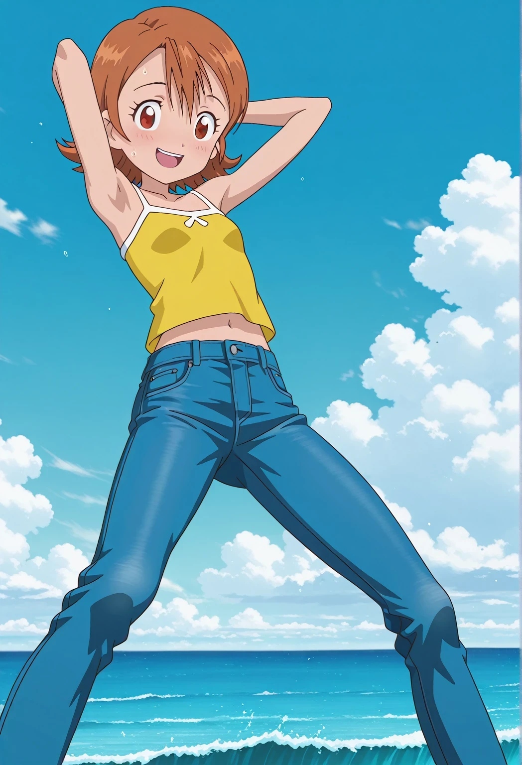 score_9, score_8_up, score_7_up, source_anime, highres, hi res, ((best quality, top quality, perfect quality, Highest Quality, amazing quality)), {{masterpiece}}, {{an extremely delicate and beautiful}}, 2d, intricate details, official style, anime, 8k, anime style, official_anime, official art, digital painting, cell shading, soft shading, high resolution, soothing tones, Subdued Color, Soft cinematic light, adobe lightroom, photolab, HDR, intricately and hyper-detailed, ((high quality animation)), 1 girl, Alone, solo, ((ocean)), tsunami, on the water, day, sunny, outdoors, sky, windy, sora takenouchi, digimon short hair, brown eyes, anime screencap, small breasts, yellow camisole top, crop top, yellow crop top, best quality, hyper-detailed jeans, ((blue jeans:1.9)), (dark blue jeans:0.6), full medium body, medium shot, Open mouth, smiling, happy face, blush, sweat, standing, ((arms behind head:6.0)), bowlegged, sliding pose, action, looking at viewer, spread legs, Bend knees slightly, straight-on front view