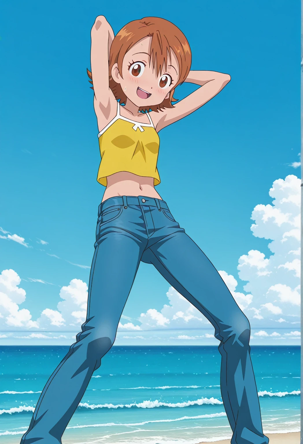 score_9, score_8_up, score_7_up, source_anime, highres, hi res, ((best quality, top quality, perfect quality, Highest Quality, amazing quality)), {{masterpiece}}, {{an extremely delicate and beautiful}}, 2d, intricate details, official style, anime, 8k, anime style, official_anime, official art, digital painting, cell shading, soft shading, high resolution, soothing tones, Subdued Color, Soft cinematic light, adobe lightroom, photolab, HDR, intricately and hyper-detailed, ((high quality animation)), 1 girl, Alone, solo, ((ocean)), tsunami, on the water, day, sunny, outdoors, sky, windy, sora takenouchi, digimon short hair, brown eyes, anime screencap, small breasts, yellow camisole top, crop top, yellow crop top, best quality, hyper-detailed jeans, ((blue jeans:1.9)), (dark blue jeans:0.6), full medium body, medium shot, Open mouth, smiling, happy face, blush, sweat, standing, ((arms behind head:6.0)), bowlegged, sliding pose, action, looking at viewer, spread legs, Bend knees slightly, straight-on front view