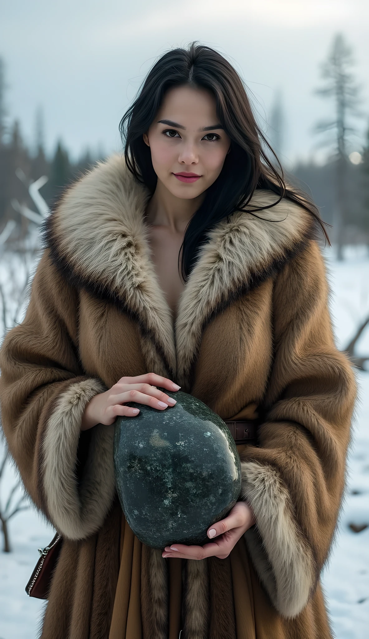 Stone age era, (prehistoric age era:1.6), ((Realistic cinematography cinematic close-up angle depth intense details of realistically stunning tundra landscape scenery)),(cinematic close-up),focusing on a beautiful happy russian female standing,cinematic potrait,holding and carrying a realistic big size Stone realistic crystallized obsidian shining stone,,(every features are depicted clearly),(realistically and intricately depicting scenery),((prehistoric age)),,(wearing primitive long size fur fabric cloak tunic dressing|fully wool woven kimono dress enveloping her whole body),long skirt,(perfectly depth symmetrically precisely busty full body shaped),(cinematic dynamically camera widely angle scenery:accurately depicted:1.3),the lively prehistoric cradle of historcal depicting scenery,afternoon,realistically full depth,summer season,(cinematography dynamic angle|hyperrealistic:realistic scenery:3d texture over the scenery),best videography angle,hdr,masterpiece,4K,(cinematography vibe),primordial folk fabric wardrobe,(dynamic image composition),(octane 3d rendering|50mm lens shot:1.3),(precise lifelike human depiction:realism),(best rule of third photography composition),(best image aperture),(full details depth of field),(best shutter speed),(RAW photo image),(photorealistic|photorealism:hyperrealism style),(realistic depth 3d:cgi:1.3),(trending on cgsociety:devianart:unreal engine 5),,(best photography:national Geographic style), bronzePunkAi and sandalPunkAi artwork, digital art,best lighting concept,(realistic intricately fixed fully accurate human's anatomy body+hands+and+fingers anatomical),natural motion,inspired by farcry5 game artwork, SFW,