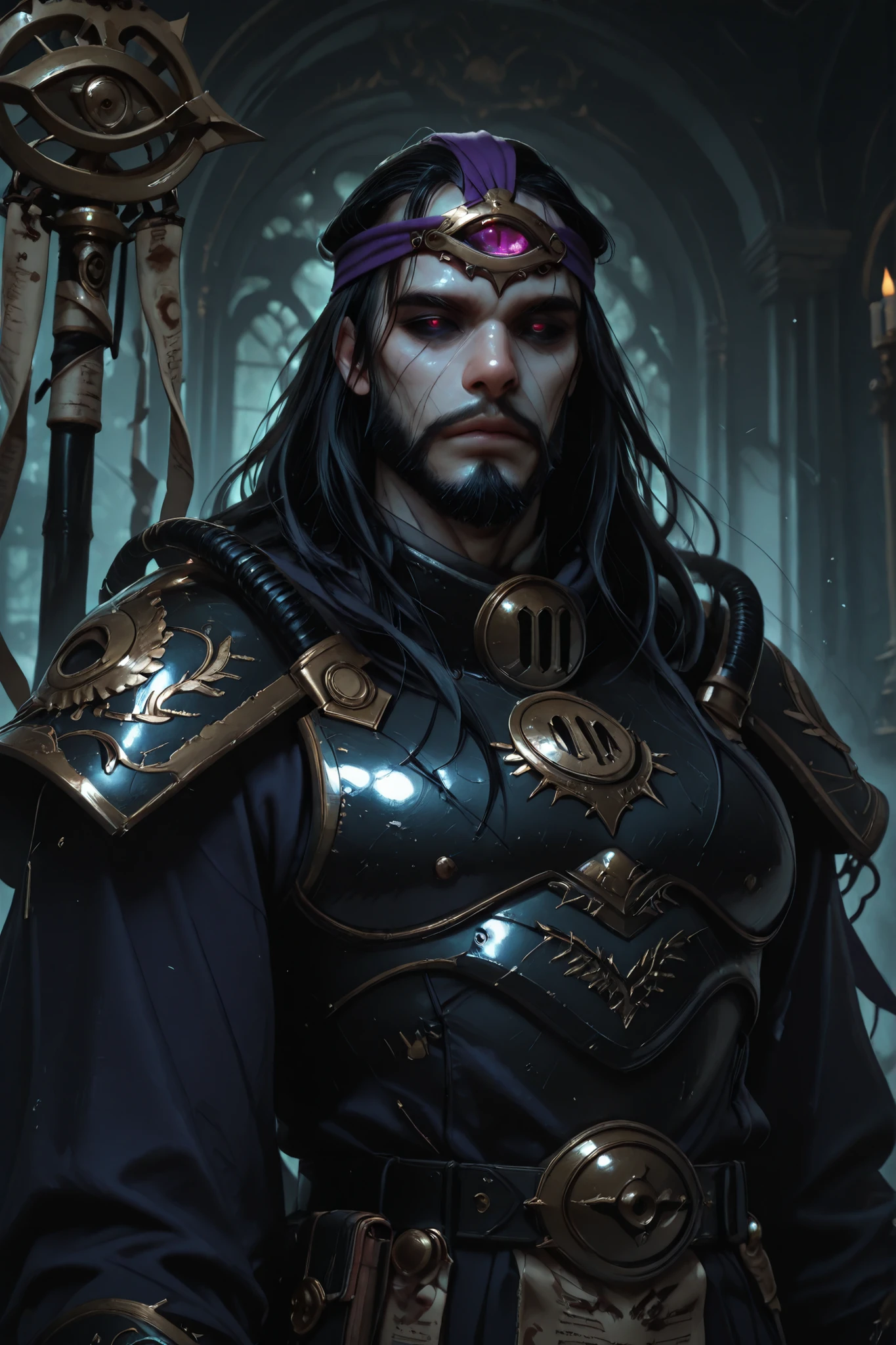 UHD, masterpiece, anatomically correct, super detail, best quality, high-res, 16k, solo, 1boy, purple silk headband, black hair, pale skin, black eyes, black sclera, arrogant face, Roman nose, black beard, third eye, purple veins, skinny, long fingers, claws, dark heavy coat under chest plate armor, shoulder plates, Navigator staff, Victorian room background
