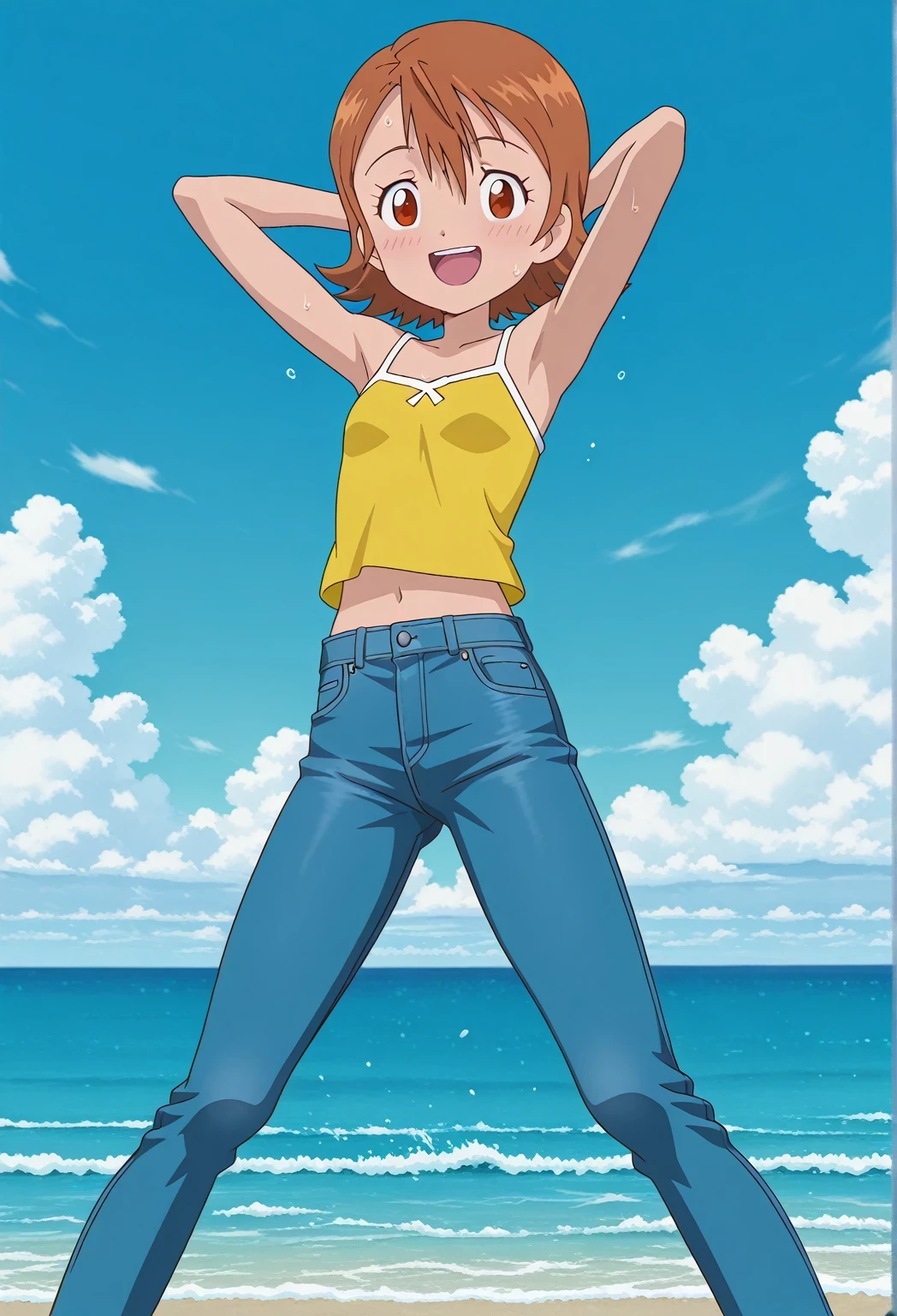 score_9, score_8_up, score_7_up, source_anime, highres, hi res, ((best quality, top quality, perfect quality, Highest Quality, amazing quality)), {{masterpiece}}, {{an extremely delicate and beautiful}}, 2d, intricate details, official style, anime, 8k, anime style, official_anime, official art, digital painting, cell shading, soft shading, high resolution, soothing tones, Subdued Color, Soft cinematic light, adobe lightroom, photolab, HDR, intricately and hyper-detailed, ((high quality animation)), 1 girl, Alone, solo, ((ocean)), tsunami, on the water, day, sunny, outdoors, sky, windy, sora takenouchi, digimon short hair, brown eyes, anime screencap, small breasts, yellow camisole top, crop top, yellow crop top, best quality, hyper-detailed jeans, ((blue jeans:1.9)), (dark blue jeans:0.6), full medium body, medium shot, Open mouth, smiling, happy face, blush, sweat, standing, ((arms behind head:6.0)), bowlegged, sliding pose, action, looking at viewer, spread legs, Bend knees slightly, straight-on front view