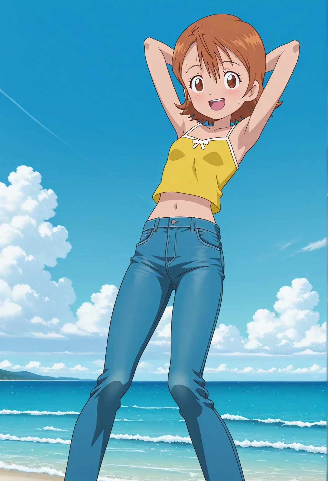 score_9, score_8_up, score_7_up, source_anime, highres, hi res, ((best quality, top quality, perfect quality, Highest Quality, amazing quality)), {{masterpiece}}, {{an extremely delicate and beautiful}}, 2d, intricate details, official style, anime, 8k, anime style, official_anime, official art, digital painting, cell shading, soft shading, high resolution, soothing tones, Subdued Color, Soft cinematic light, adobe lightroom, photolab, HDR, intricately and hyper-detailed, ((high quality animation)), 1 girl, Alone, solo, ((ocean)), tsunami, on the water, day, sunny, outdoors, sky, windy, sora takenouchi, digimon short hair, brown eyes, anime screencap, small breasts, yellow camisole top, crop top, yellow crop top, best quality, hyper-detailed jeans, ((blue jeans:1.9)), (dark blue jeans:0.6), full medium body, medium shot, Open mouth, smiling, happy face, blush, sweat, standing, ((arms behind head:6.0)), bowlegged, jumping pose, action, looking at viewer, spread legs, Bend knees slightly, straight-on front view
