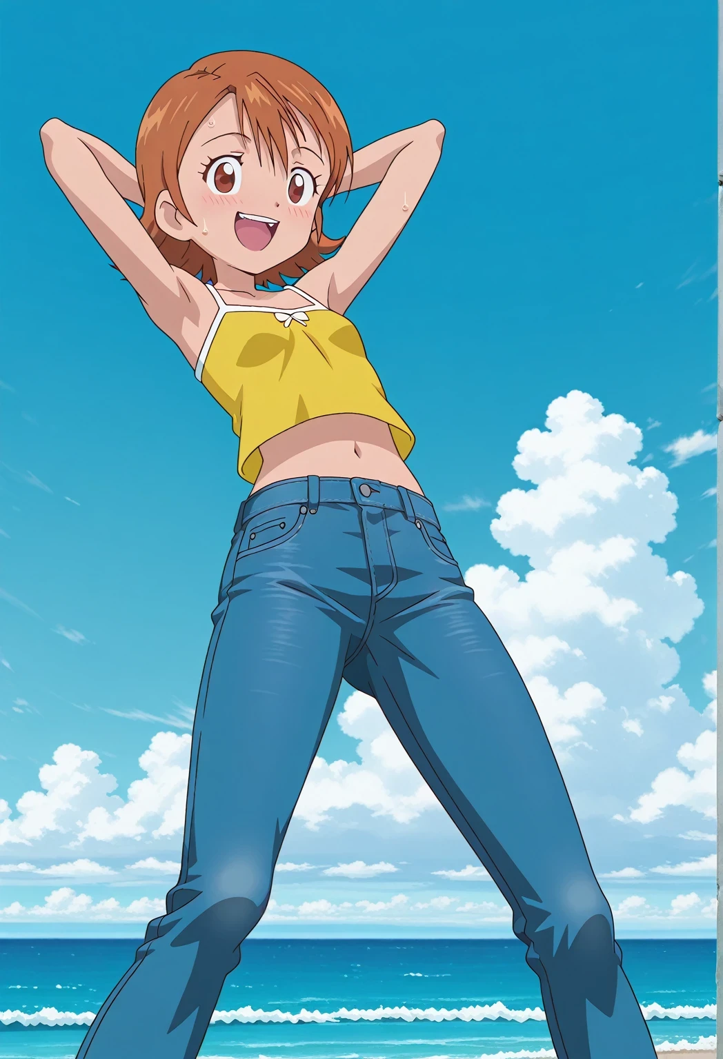 score_9, score_8_up, score_7_up, source_anime, highres, hi res, ((best quality, top quality, perfect quality, Highest Quality, amazing quality)), {{masterpiece}}, {{an extremely delicate and beautiful}}, 2d, intricate details, official style, anime, 8k, anime style, official_anime, official art, digital painting, cell shading, soft shading, high resolution, soothing tones, Subdued Color, Soft cinematic light, adobe lightroom, photolab, HDR, intricately and hyper-detailed, ((high quality animation)), 1 girl, Alone, solo, ((ocean)), tsunami, on the water, day, sunny, outdoors, sky, windy, sora takenouchi, digimon short hair, brown eyes, anime screencap, small breasts, yellow camisole top, crop top, yellow crop top, best quality, hyper-detailed jeans, ((blue jeans:1.9)), (dark blue jeans:0.6), full medium body, medium shot, Open mouth, smiling, happy face, blush, sweat, standing, ((arms behind head:6.0)), bowlegged, jumping pose, action, looking at viewer, spread legs, Bend knees slightly, straight-on front view