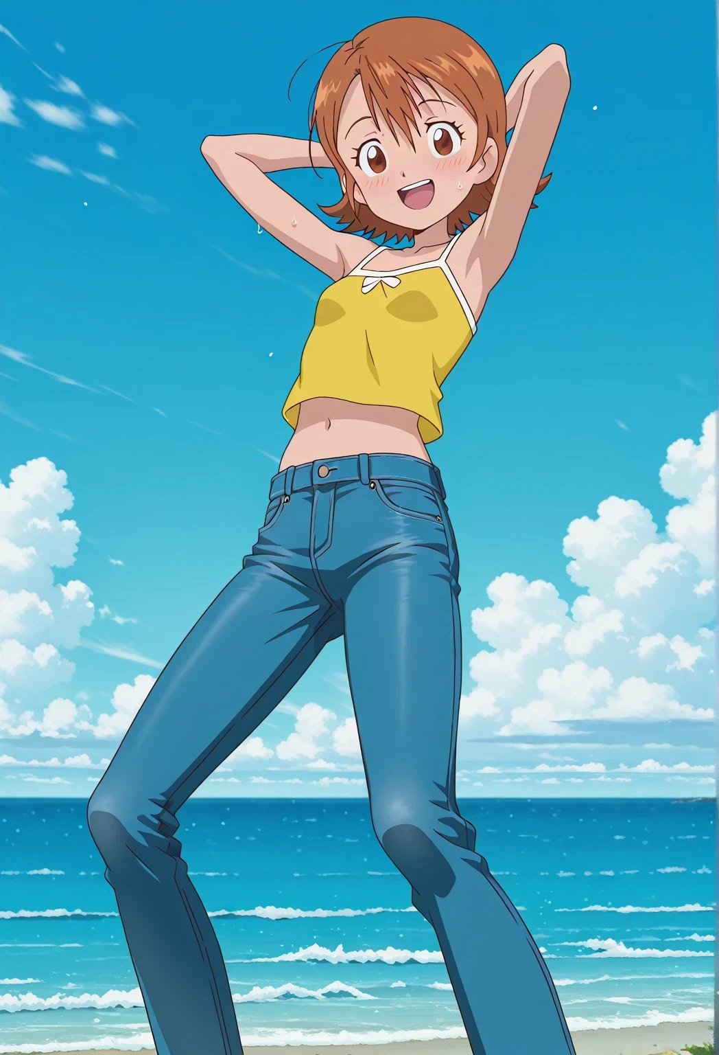 score_9, score_8_up, score_7_up, source_anime, highres, hi res, ((best quality, top quality, perfect quality, Highest Quality, amazing quality)), {{masterpiece}}, {{an extremely delicate and beautiful}}, 2d, intricate details, official style, anime, 8k, anime style, official_anime, official art, digital painting, cell shading, soft shading, high resolution, soothing tones, Subdued Color, Soft cinematic light, adobe lightroom, photolab, HDR, intricately and hyper-detailed, ((high quality animation)), 1 girl, Alone, solo, ((ocean)), tsunami, on the water, day, sunny, outdoors, sky, windy, sora takenouchi, digimon short hair, brown eyes, anime screencap, small breasts, yellow camisole top, crop top, yellow crop top, best quality, hyper-detailed jeans, ((blue jeans:1.9)), (dark blue jeans:0.6), full medium body, medium shot, Open mouth, smiling, happy face, blush, sweat, standing, ((arms behind head:6.0)), bowlegged, jumping pose, action, looking at viewer, spread legs, Bend knees slightly, straight-on front view