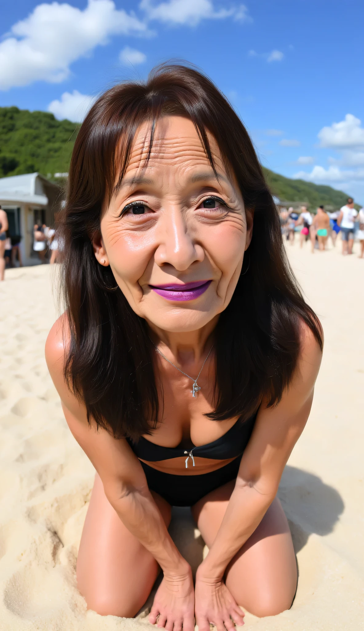 muscular woman, (Face-focus:1.3), (8mm Fisheye lens:1.3), fisheye curvature applied to her face eyes chin and lips, extreme wide-angle distortion, warped perspective, curved lines, 180° field of view, 55 year old Yoona in a tiny Micro bikini that barely contains her massive tits, high angle face close-up, bright makeup, laughs with her teeth visible, plump and fleshy lips covered with deep purple lipstick, her head tilted back and her chin pushed forward, her protruding, oversized chin that is exaggerated by fisheye lens dominates the frame, her face distorted by fisheye perspective, oversized chin and lips exaggerated by fisheye lens distortion, kneeling with her knees in the sand in a crowded tropical beach, looking directly at the viewer, silver cross around her neck, long wavy flowing hair with a fringe and long extensions added for volume with the ends curled into luscious waves that cascade down her back, her eyes are smothered in smoky black eyeshadow with dramatic winged eyeliner, leaning on both her hands that are concealed between her toned thighs, outrageously long and voluminous lash extensions, long neck, peach blush on her cheeks, black mascara, (wrinkly face:1.3), midday.
BREAK
masterpiece, best quality, high resolution, ultra-detailed, volumetric lighting, detailed hair, detailed eyes, detailed face within fisheye distortion, features distorted by extreme wide-angle perspective, exquisitely rendered, dramatic shading, subsurface scattering, score_9, score_8_up, score_7_up